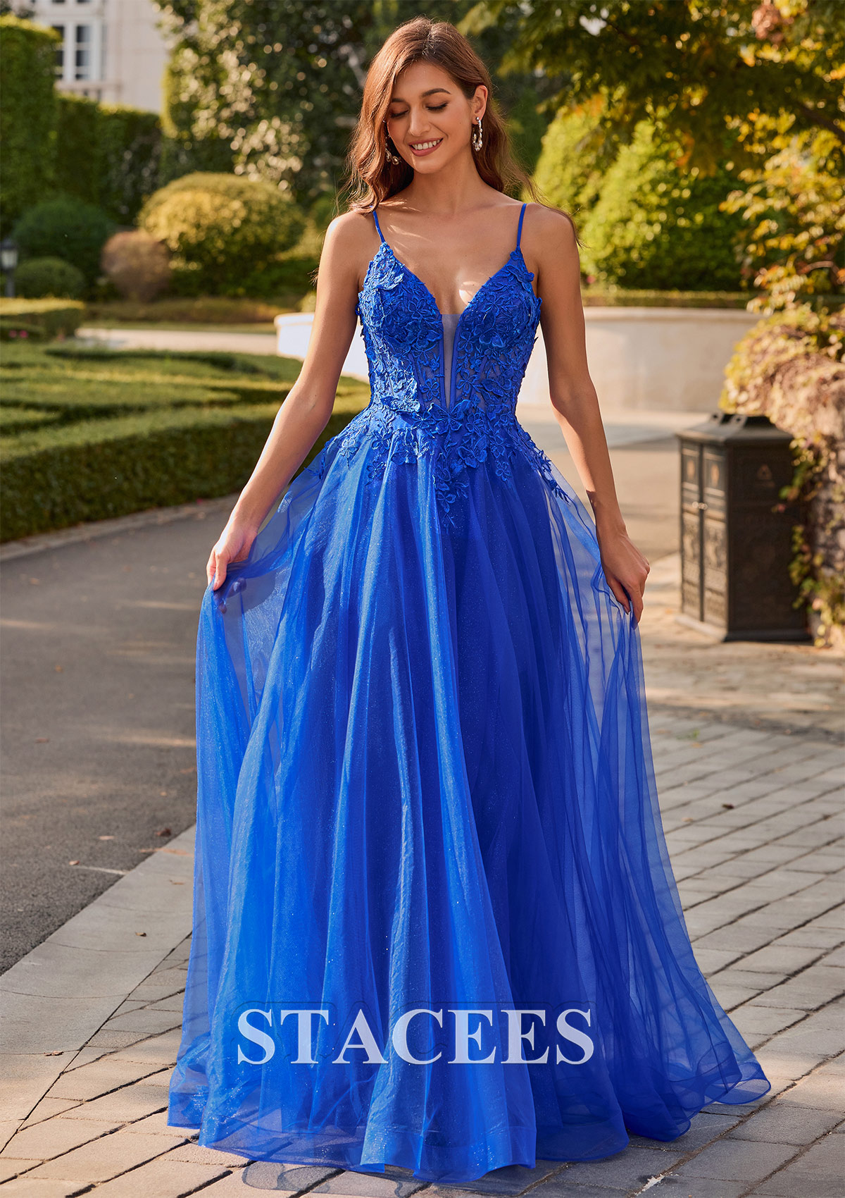 Ocean Blue A-line V Neck Glitter Tulle Prom Dress with Butterfly Applique - STACEES