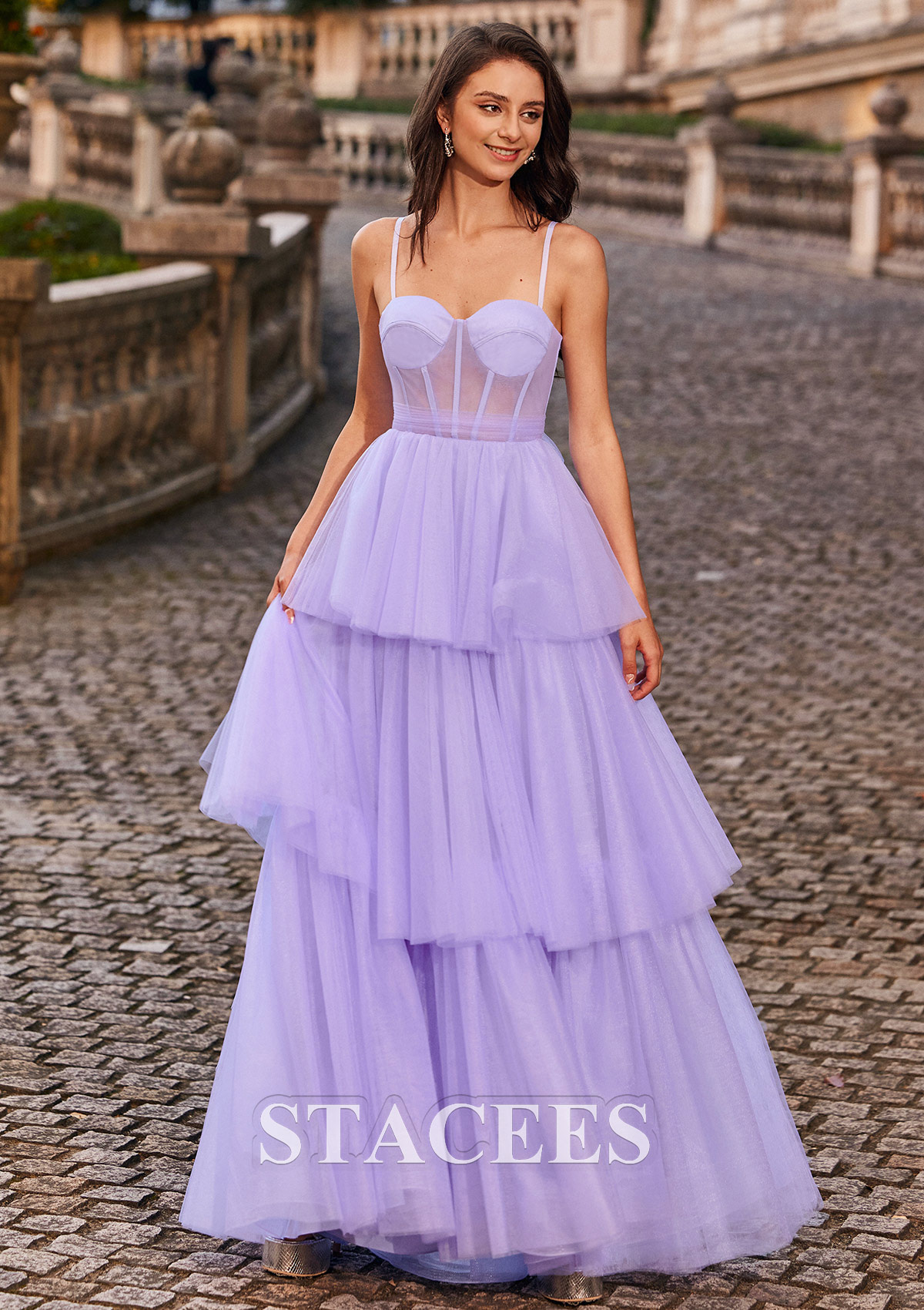Lilac A-line Princess Sweetheart Floor-Length Tulle Prom Dress with Ruffles Bowknot - STACEES