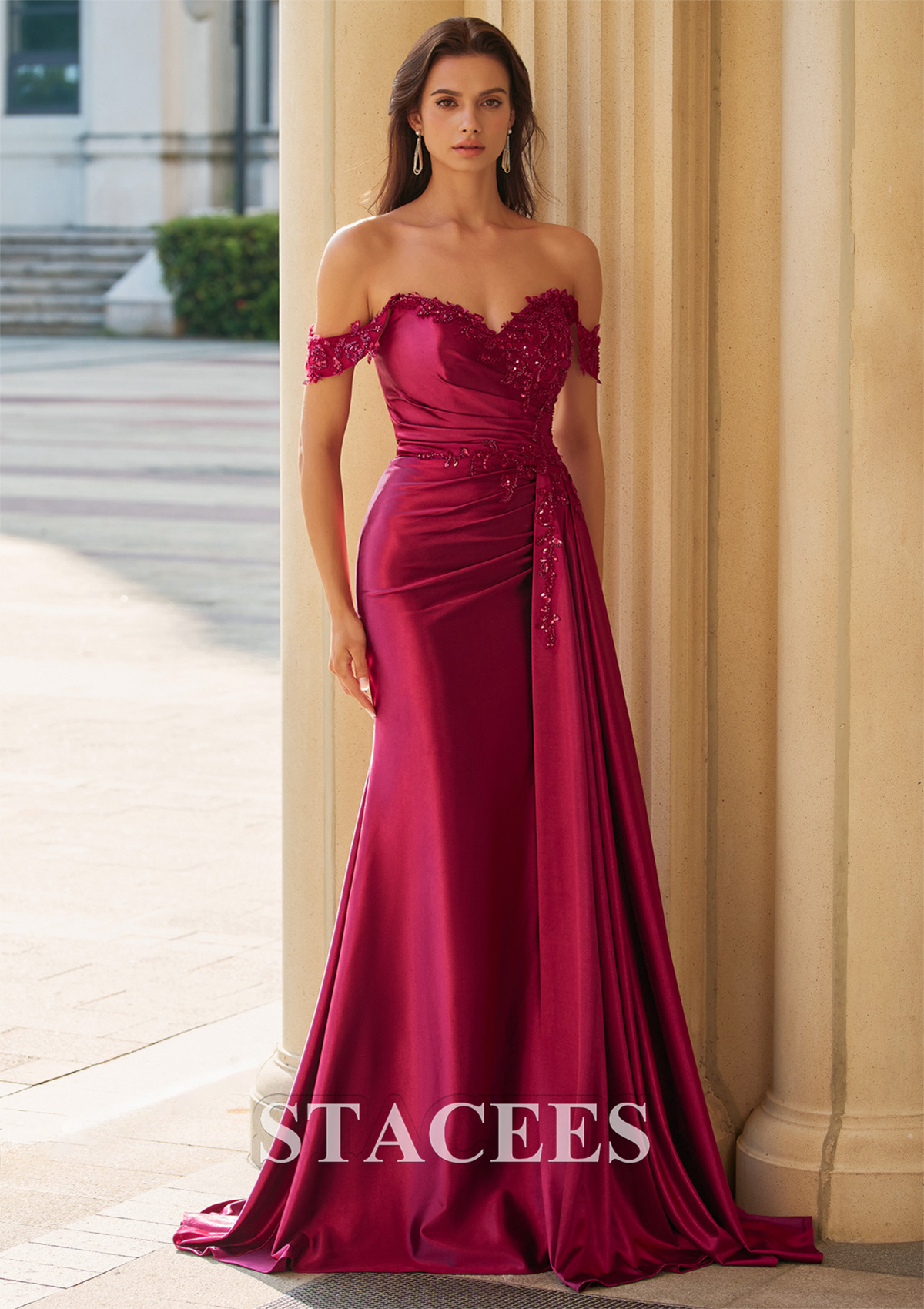 Burgundy Fitted Embroidery Off-the-Shoulder Corset Slit Prom Dress with Side Draping - STACEES