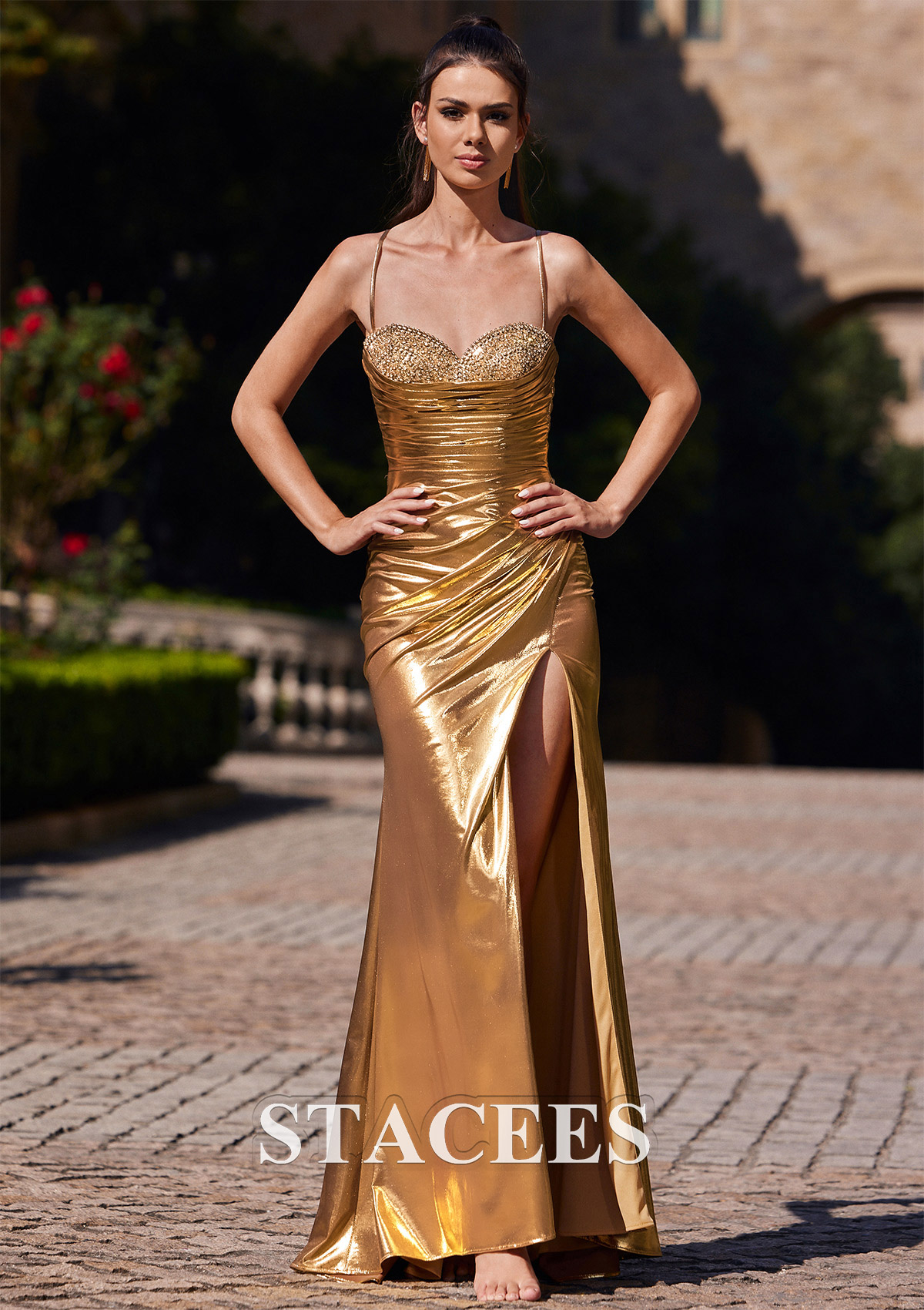 Gold Sheath/Column Sweetheart Floor-Length Metallic Prom Dress with Beading Pleated Split - STACEES