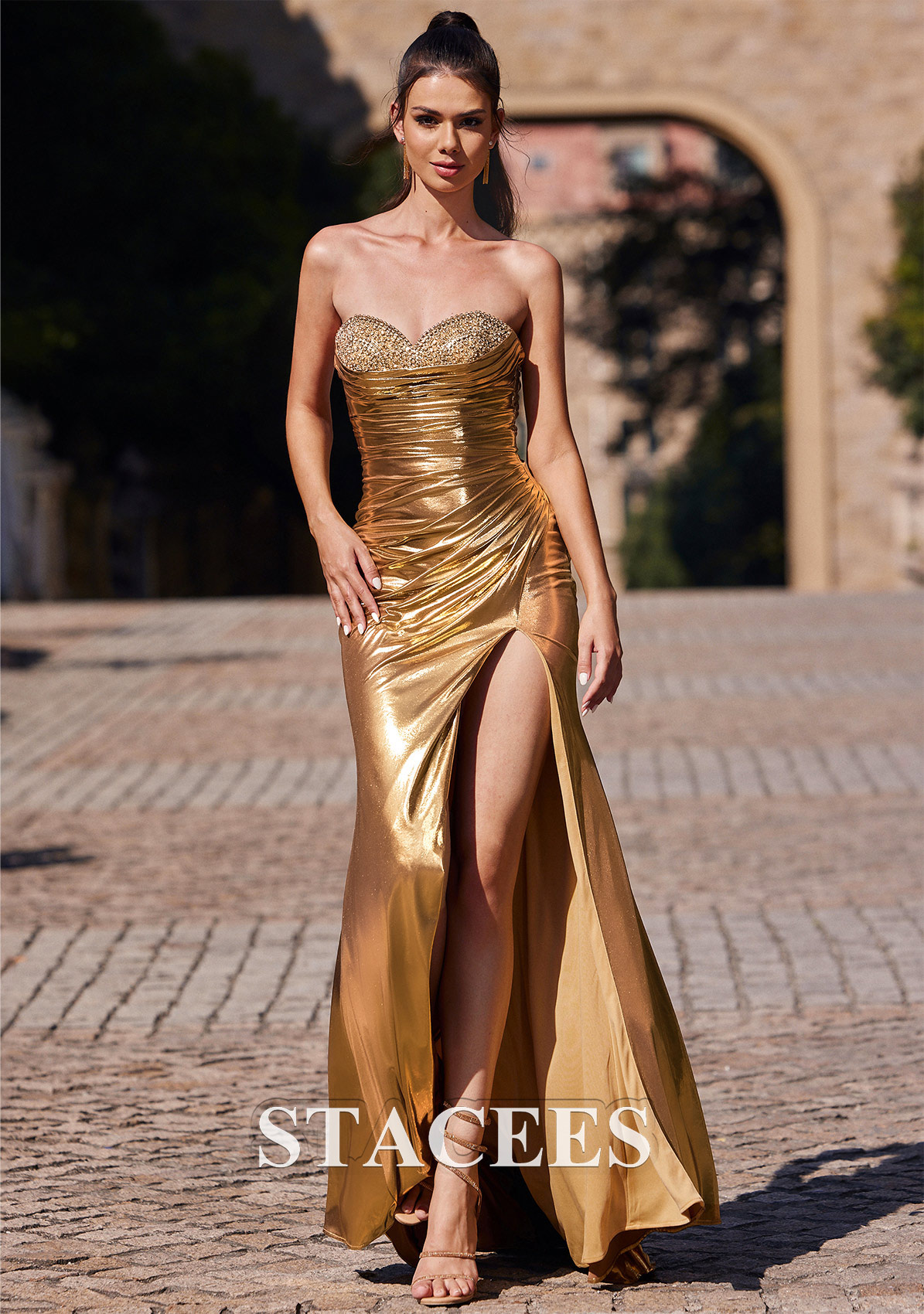 gold beaded sheath dress Stacees Shiny Metallic Prom Floor-Length Pleated Slit Elizabeth K GL3817 rose_gold Hot Pink One Shoulder Color:Golden