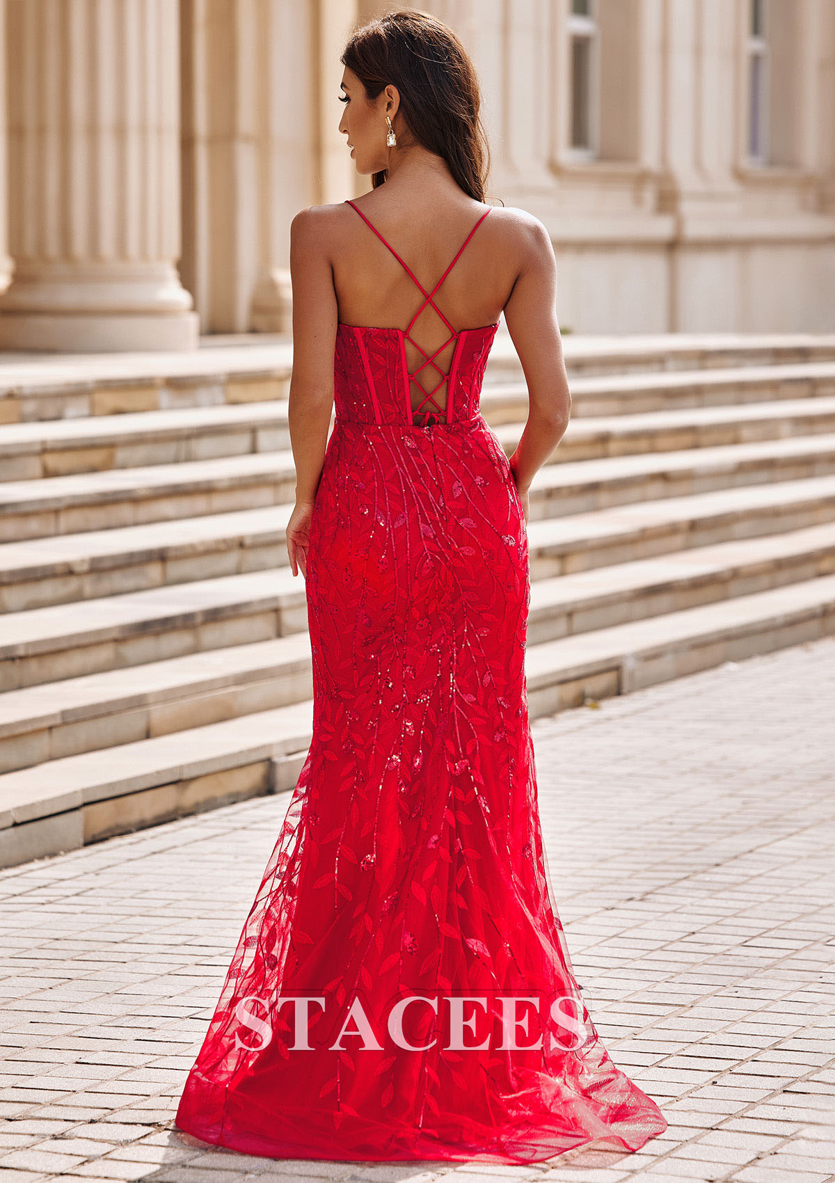 Red Sheath V Neck Tulle Sweep Train Leaf Sequins Slit Prom Dress - STACEES