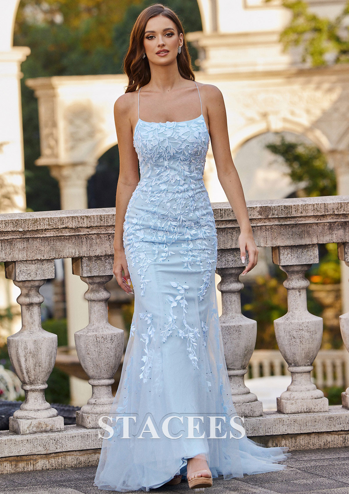 Sky Blue Trumpet/Mermaid Square Neckline Sweep Train Tulle Prom Dress with Beading Lace - STACEES