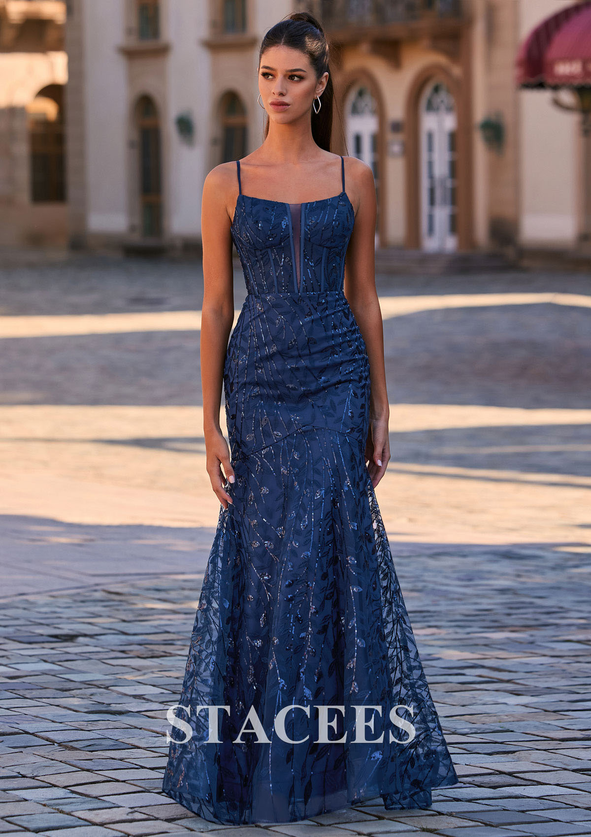 Dark Navy Classic Mermaid Spaghetti Straps Allover Sequins Corset Prom Dress - STACEES