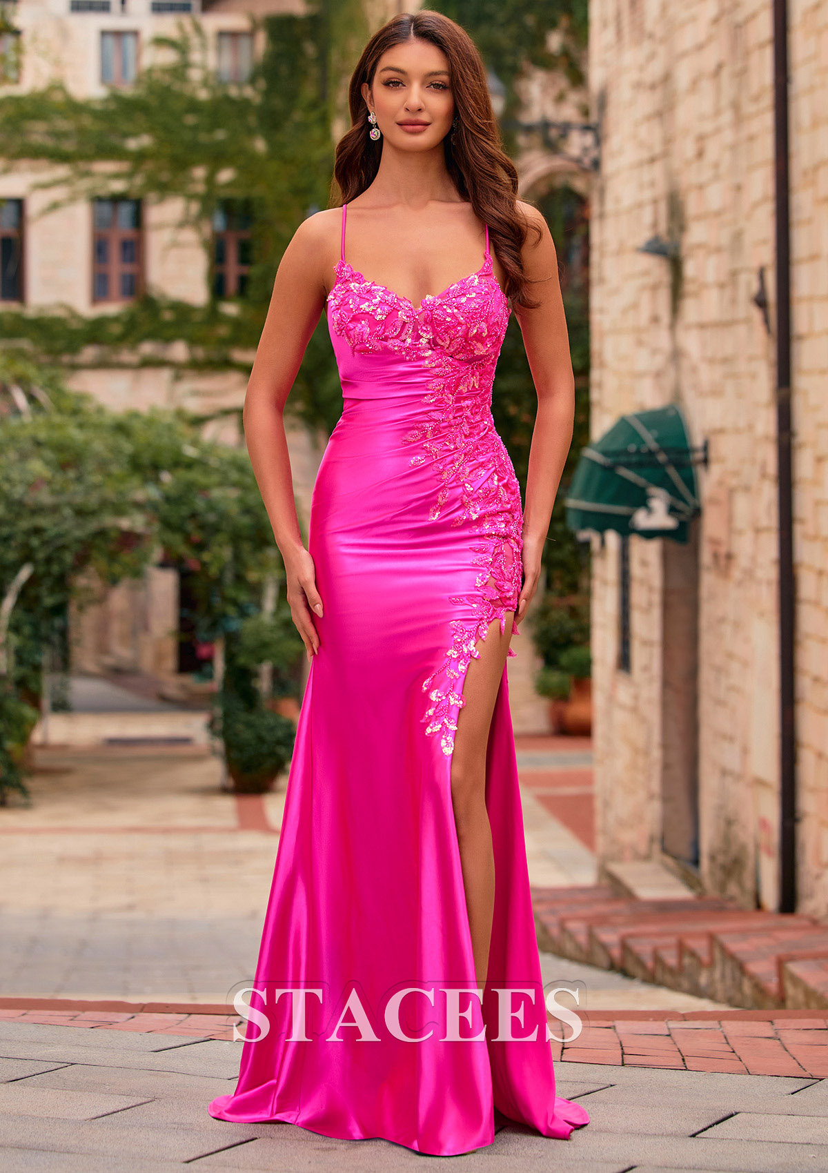 Hot Pink Mermaid V Neck Silk like Satin Slit Prom Dress with Sequined Lace Appliques - STACEES
