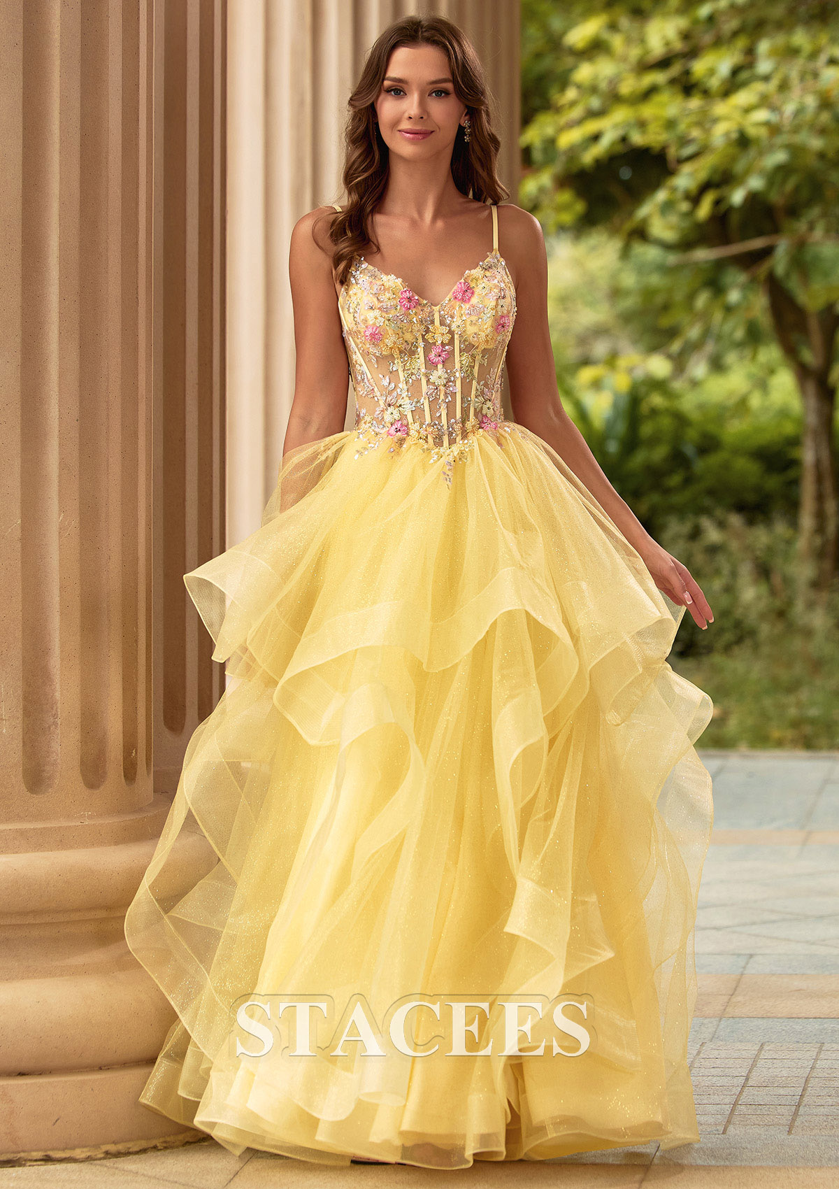 Jaune Trapèze col en v tulle longueur ras du sol robe de bal avec appliqué perles volants - STACEES