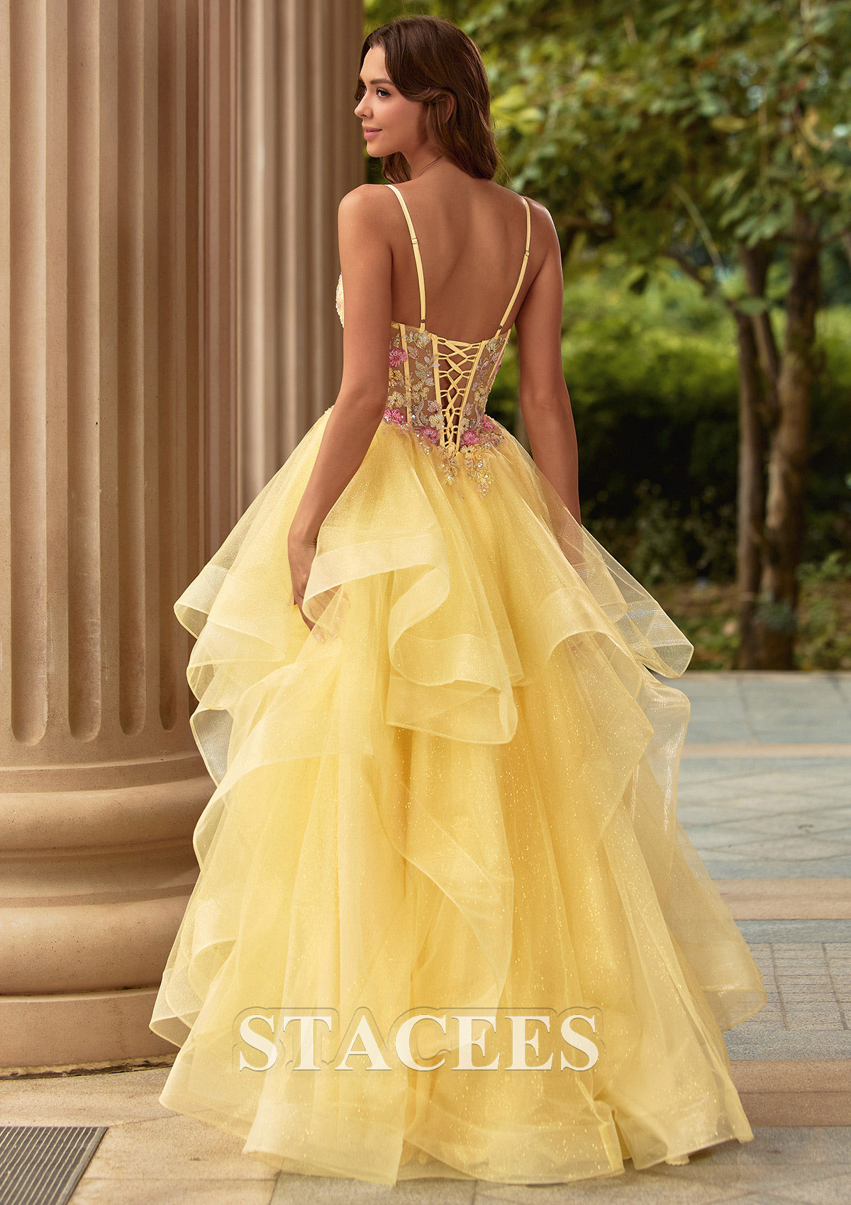 Jaune Trapèze col en v tulle longueur ras du sol robe de bal avec appliqué perles volants - STACEES