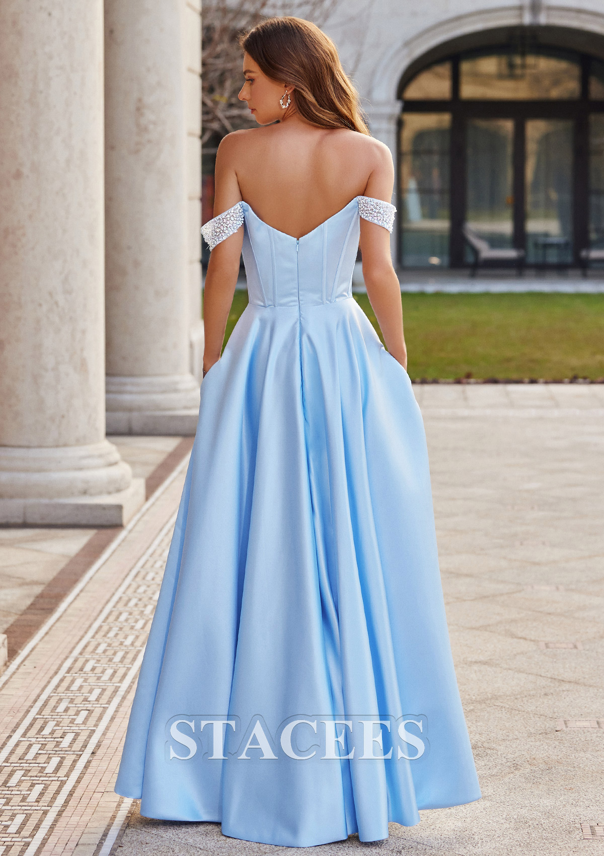 Sky Blue Vestido línea a hombros descubiertos satén hasta el suelo vestido de graduación - STACEES