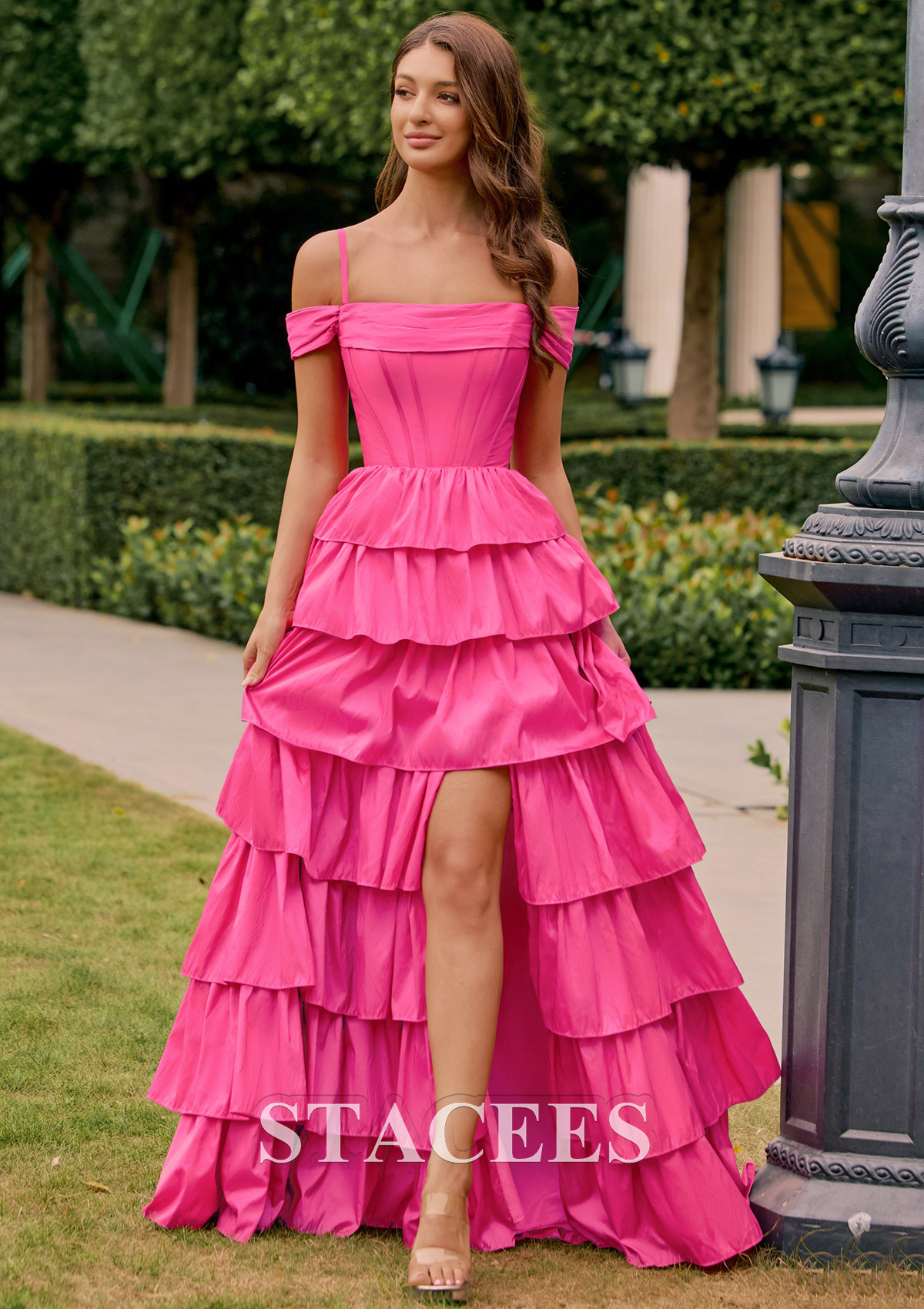 a line taffeta prom dress A-line Off-the-Shoulder Straps Tiered Ruffle with Slit S8957P- Prom Dresses US Size:20 LowStock:43250090442803 Fitted Bodice From Flapper Glam to