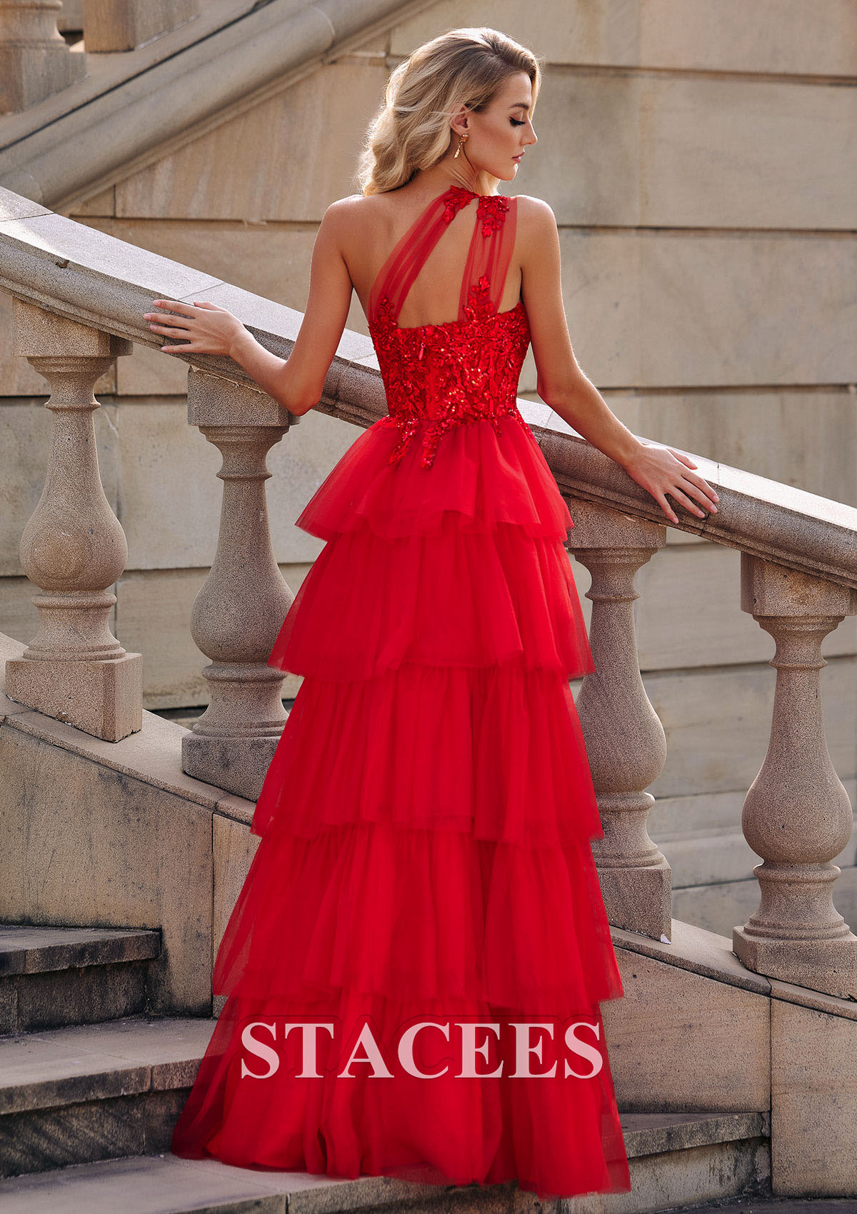 Red A-line Applique One Shoulder Ruffle Long Prom Dress - STACEES