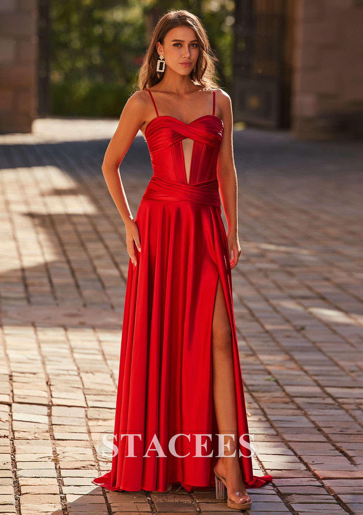Red A-line Pleated Strapless Corset Prom Dress with Slit Detachable Straps - STACEES