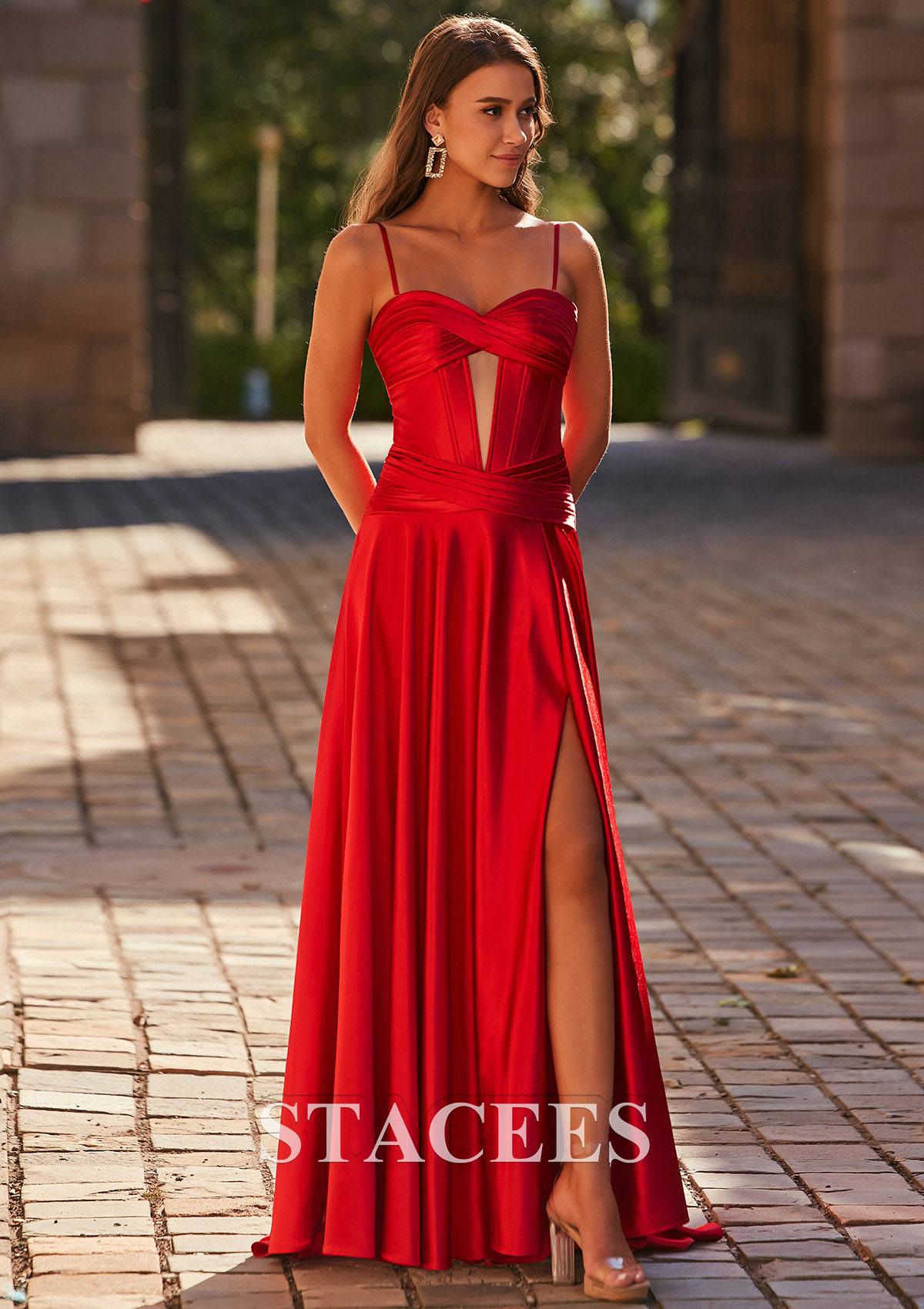 Red A-line Pleated Strapless Corset Prom Dress with Slit Detachable Straps - STACEES