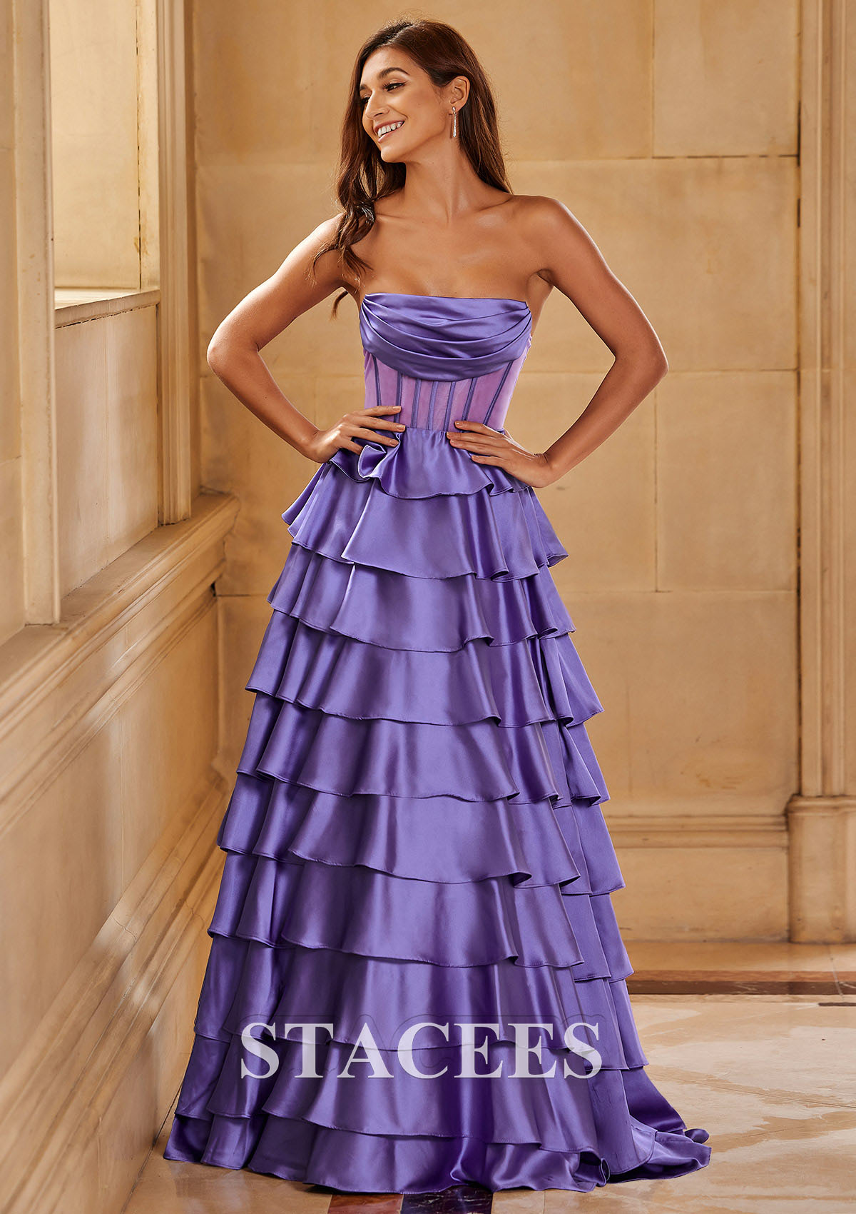 Lavender A-line Strapless Cowl Neck Sheer Corset Tiered Prom Dress with Ruffles  - STACEES