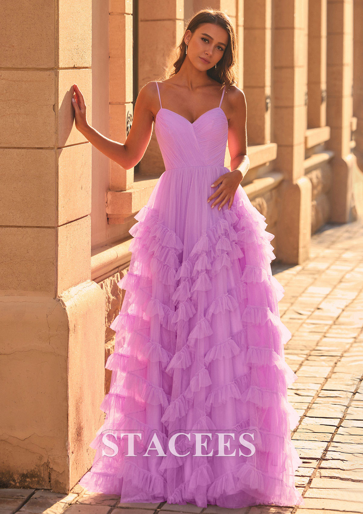As Picture A-line Pleated V Nect Ruffled Tulle Sweep Train Prom Dress - STACEES