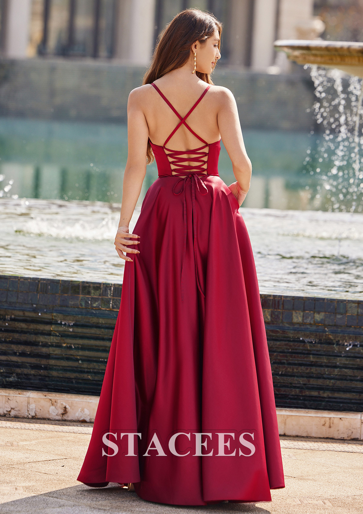 Bordeaux Robe trapèze scoop satin ras du sol robe de bal - STACEES