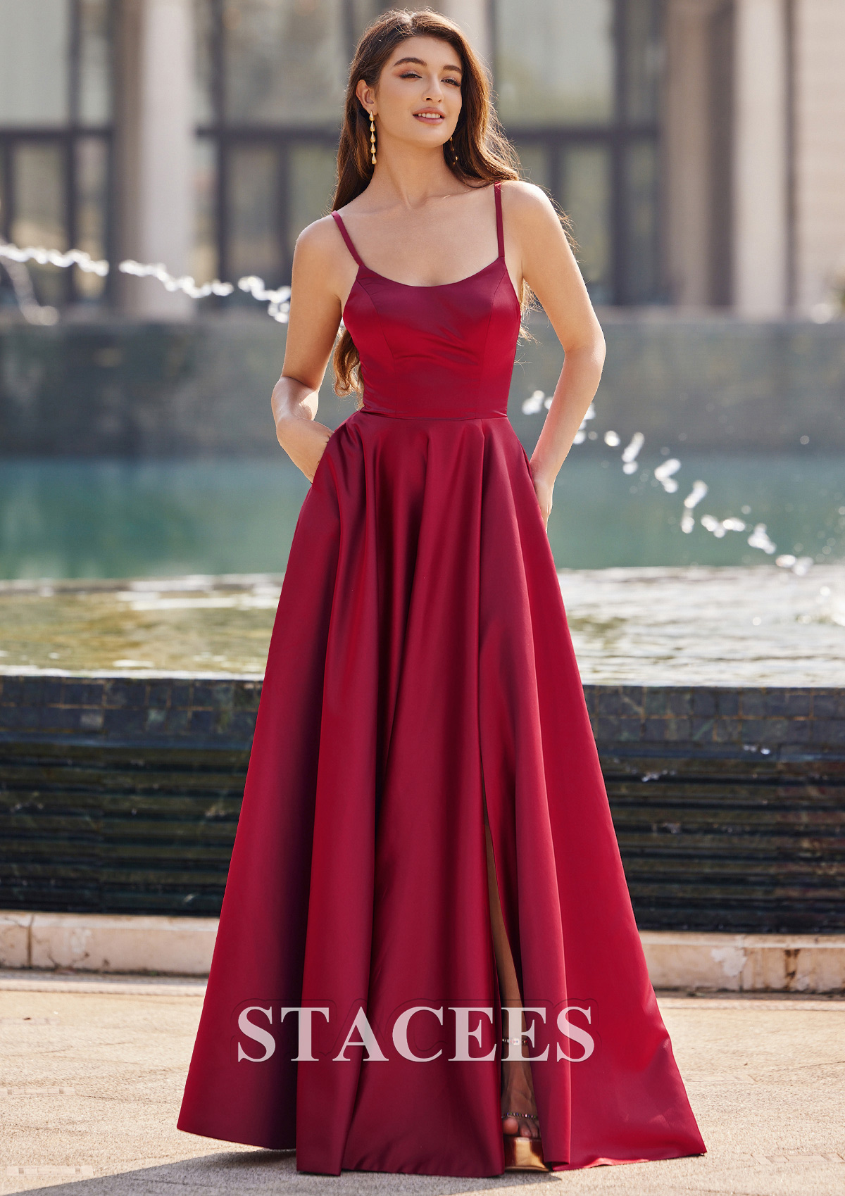 Bordeaux Robe trapèze scoop satin ras du sol robe de bal - STACEES