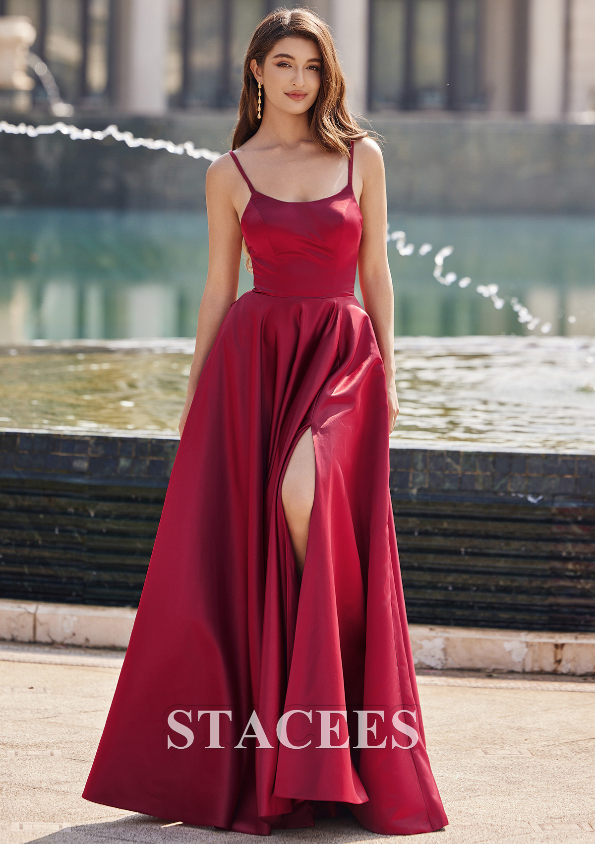 Bordeaux Robe trapèze scoop satin ras du sol robe de bal - STACEES