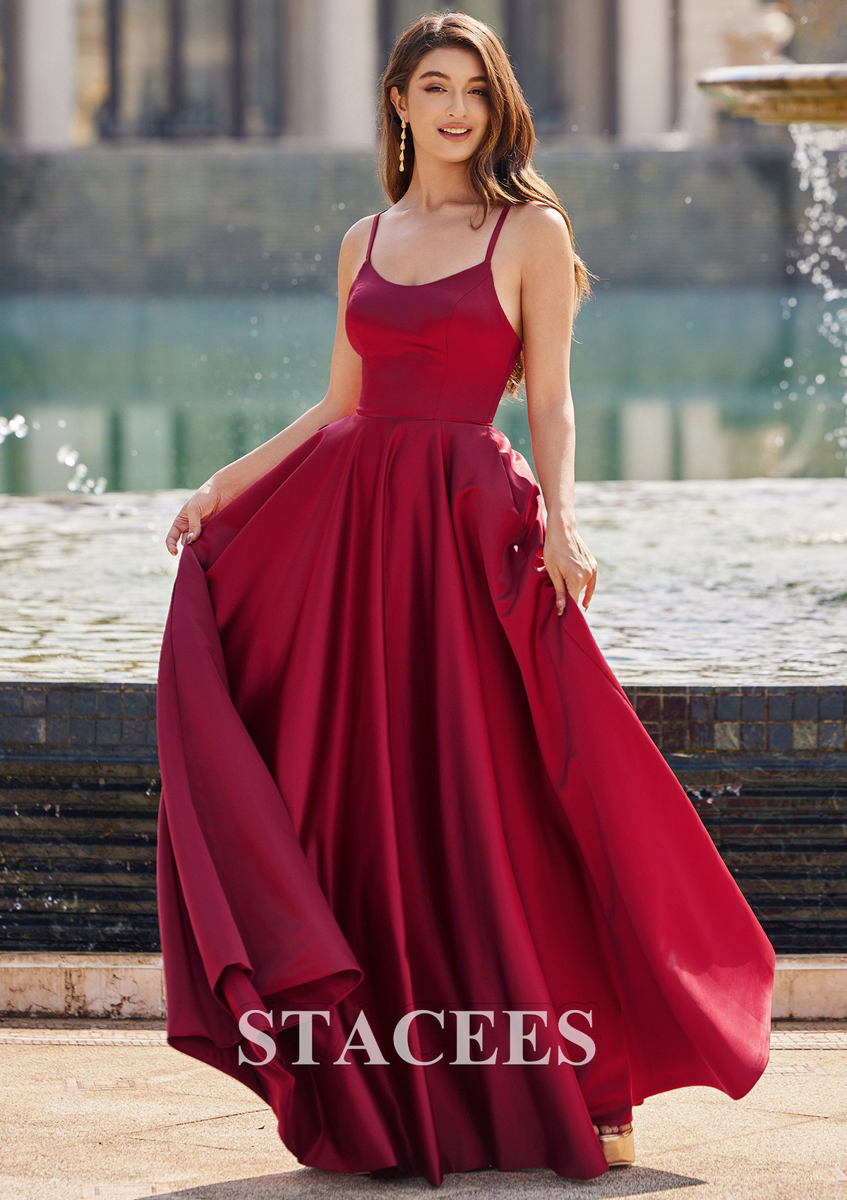 Bordeaux Robe trapèze scoop satin ras du sol robe de bal - STACEES