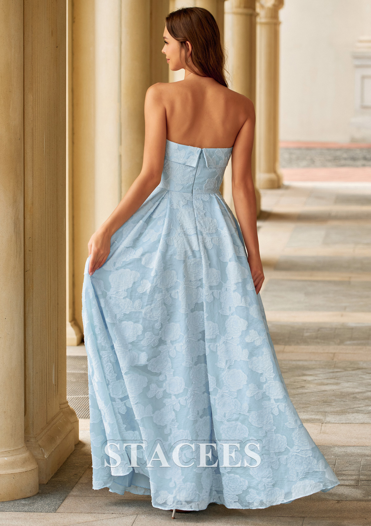 Bleu Clair Trapèze scoop jacquard longueur ras du sol robe de bal avec plissé poches - STACEES