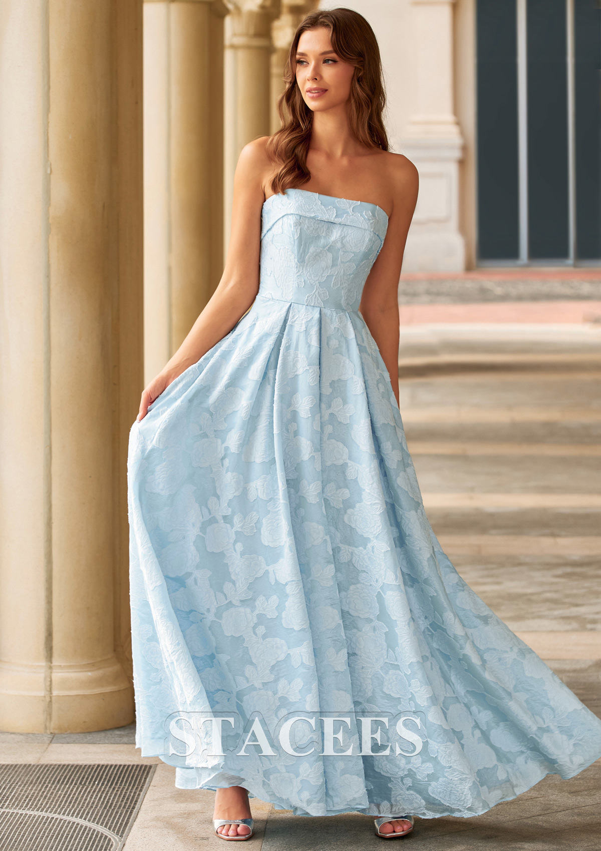 Bleu Clair Trapèze scoop jacquard longueur ras du sol robe de bal avec plissé poches - STACEES