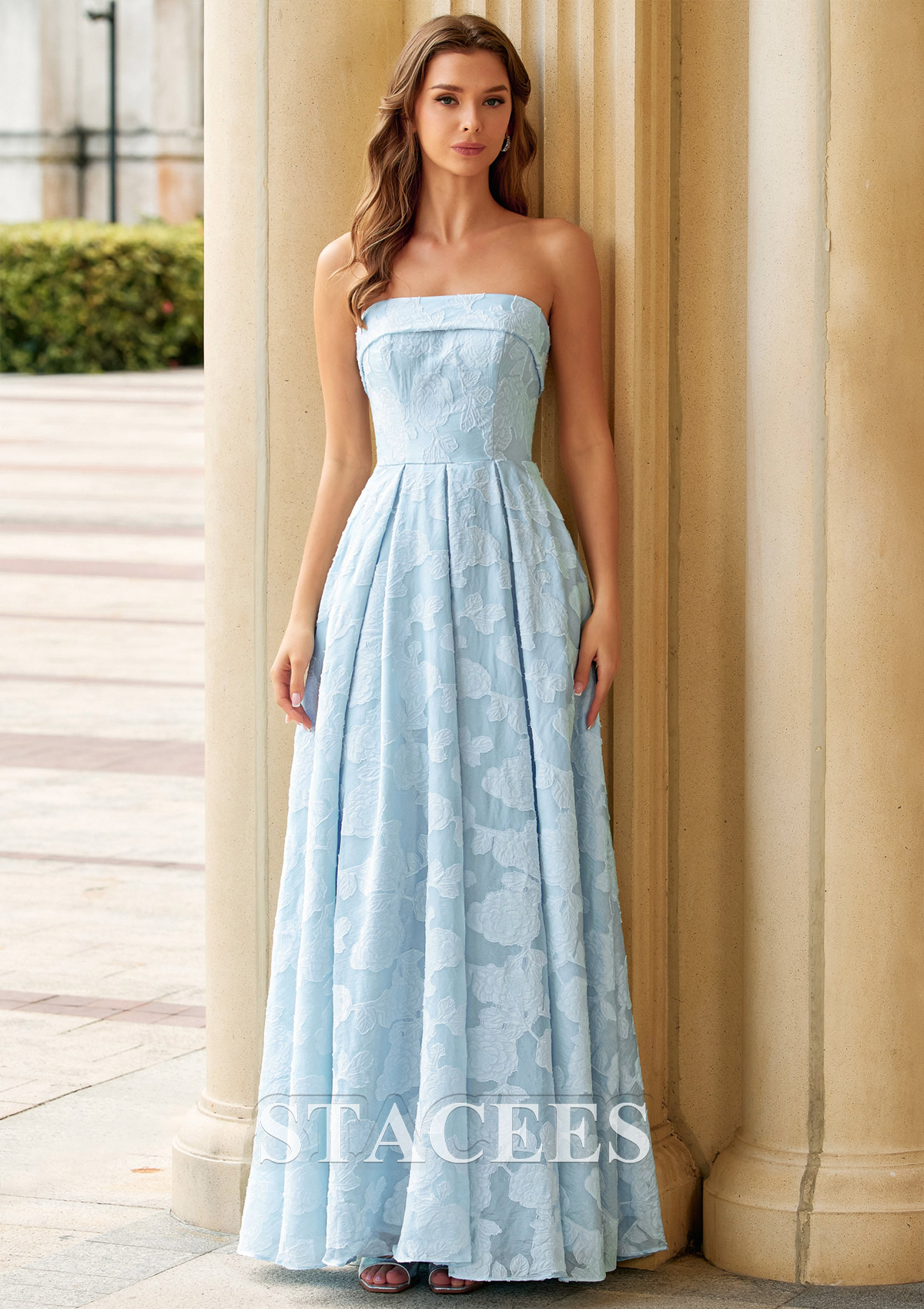 powder blue a line dress A-line Strapless Floral Jacquard Maxi Prom with Pockets S9112P - Prom Dresses sizechart-one-shoulder-maxi-dress-bust Haute Couture | CHANEL Color:Red Floral-2