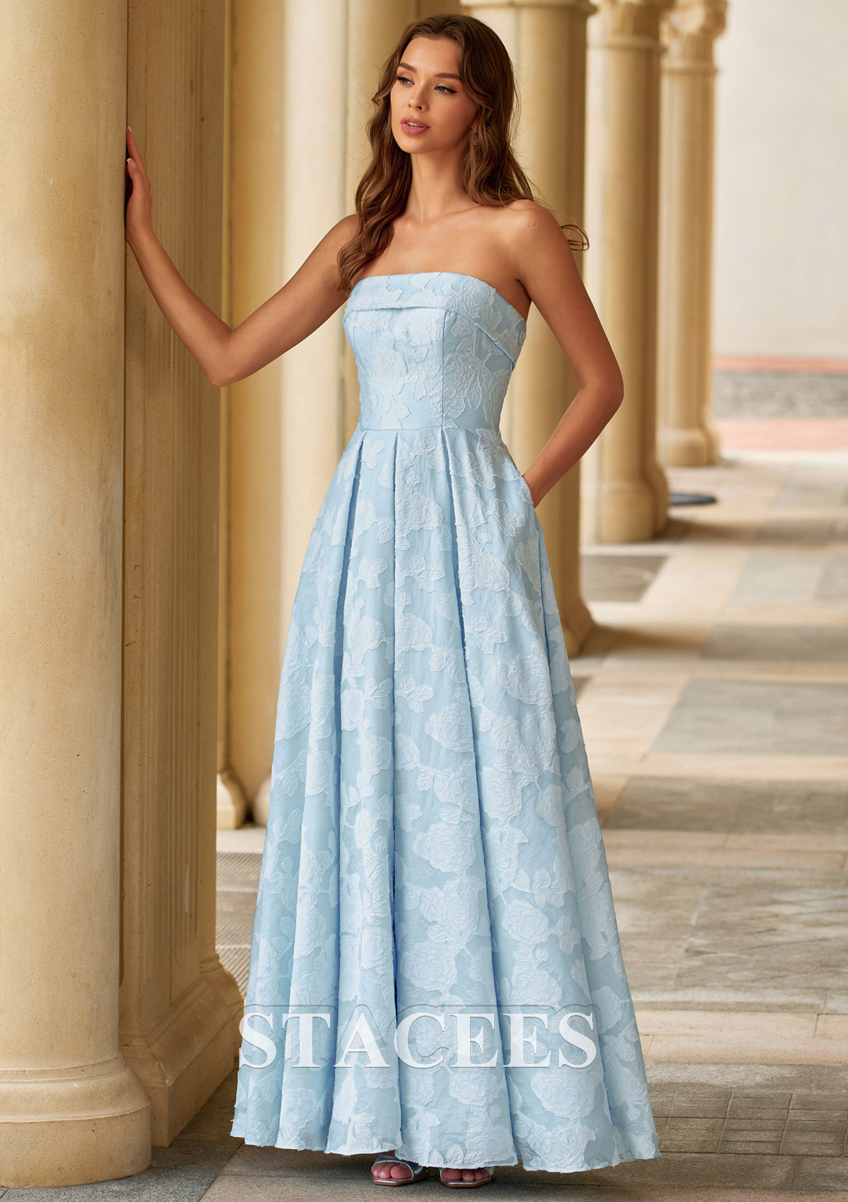 Bleu Clair Trapèze scoop jacquard longueur ras du sol robe de bal avec plissé poches - STACEES