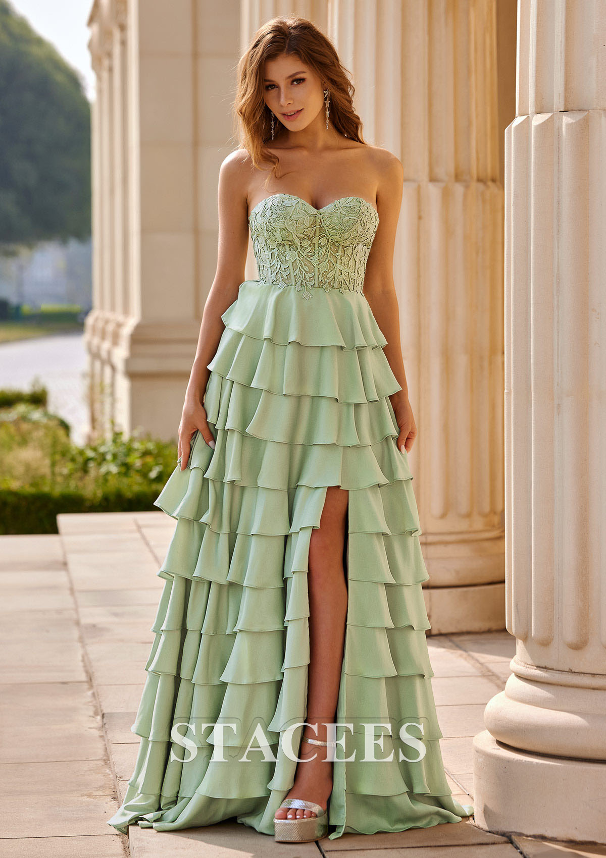 Dusty Sage A-line Stapless Stretch Satin Ruffle Corset Prom Dress with Leaf Lace Slit - STACEES