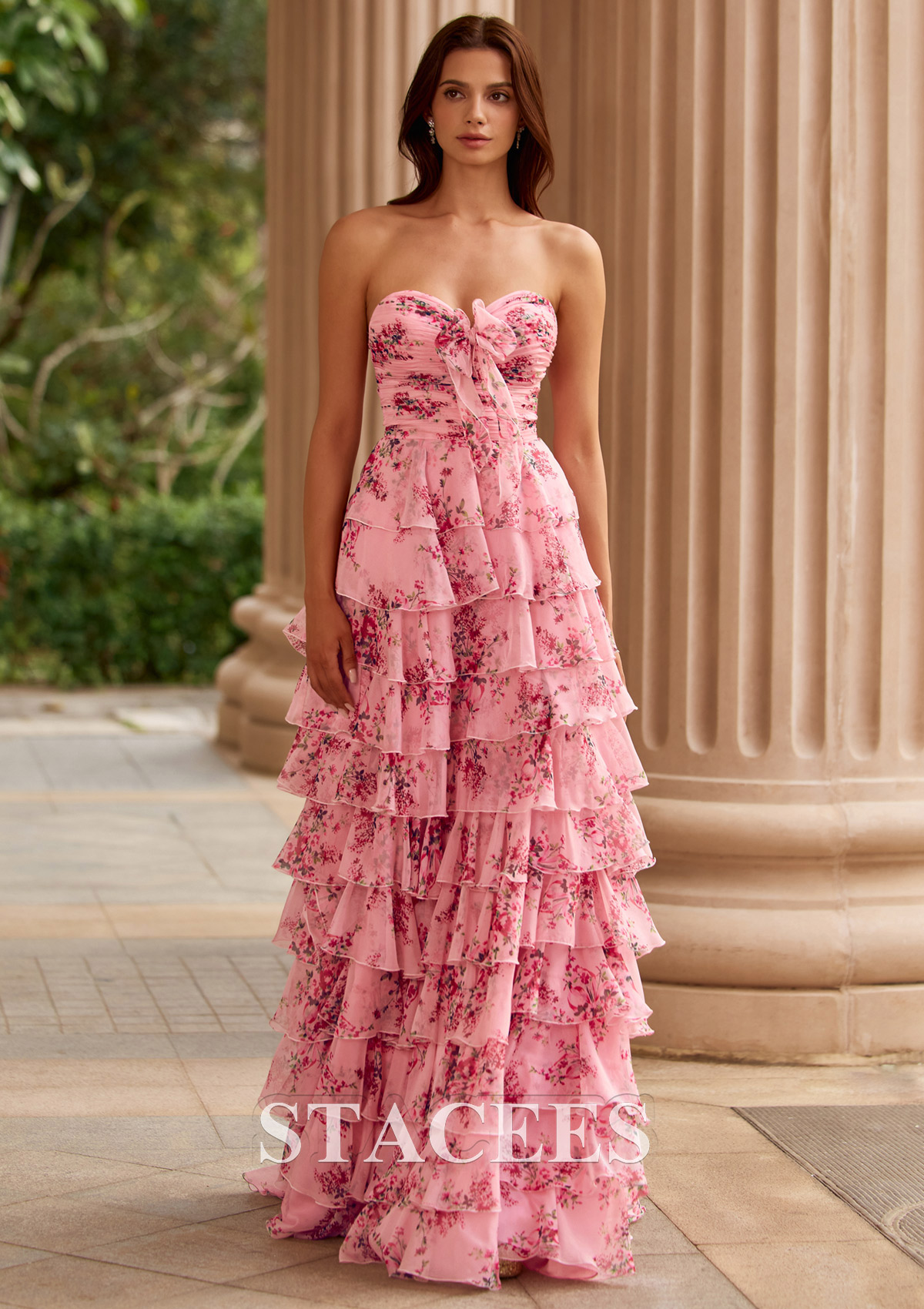 pink floral a line dress A-line Print Ruched Strapless Tiered Ruffle Prom with Bow Slit S9049P - Prom Dresses Tie dye Backless Maxi cf-size-3xl Dress Size:8 in Size 0