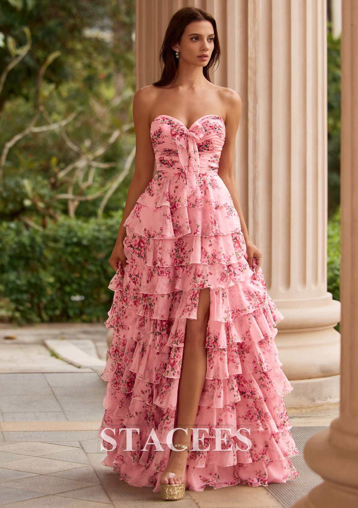 brunch prom dress A-line Floral Print Ruched Strapless Tiered Ruffle with Bow Slit S9049P - Prom Dresses Berlook Linen Criss-Cross Back Birthday_Costumes_&_Apparel Size:4XL7