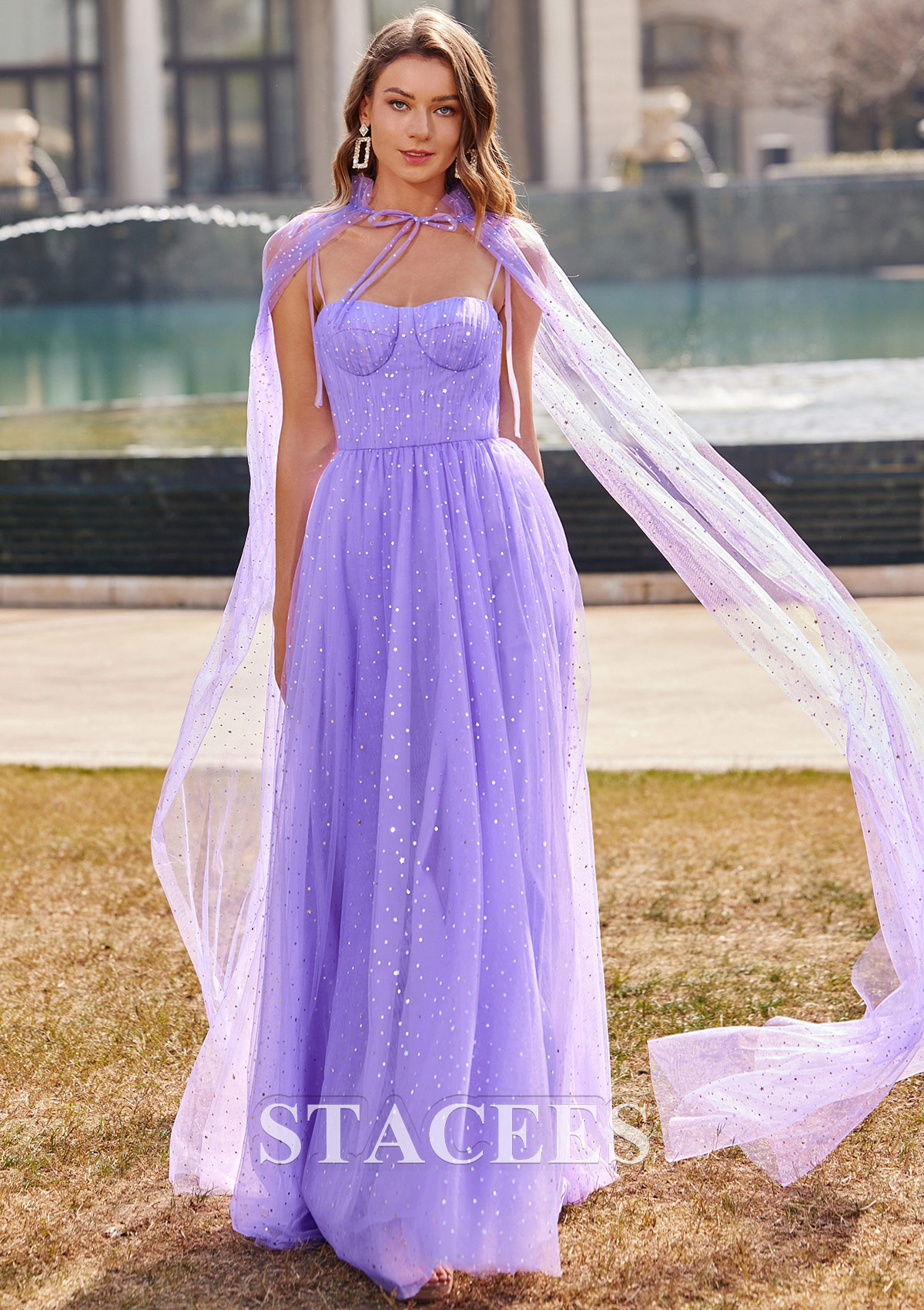 Lilac A-line Sweetheart Floor-Length Tulle Prom Dress with Sequins Cape - STACEES