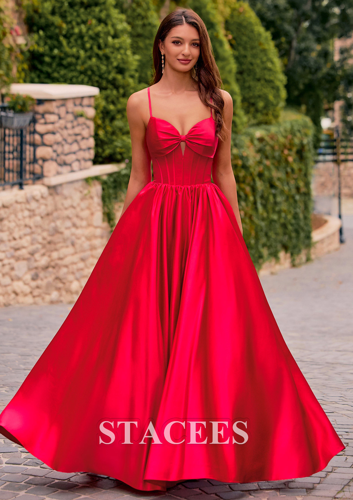 red satin a line prom dress A-line Bow Corset Floor-Length Ruched with Lace-Up Back S8959P- Prom Dresses 12 DTI Y2K Outfit sleeveless body con dress A subtle slit adds Size:US size 6