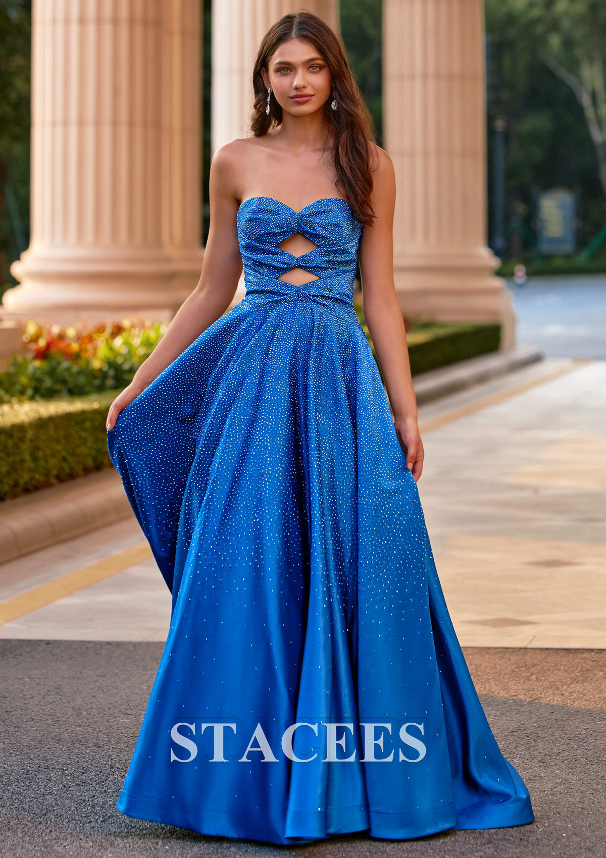 Ocean Blue A-line Strapless Cut-Out Ombre Hot Fix Prom Dress with Pockets - STACEES
