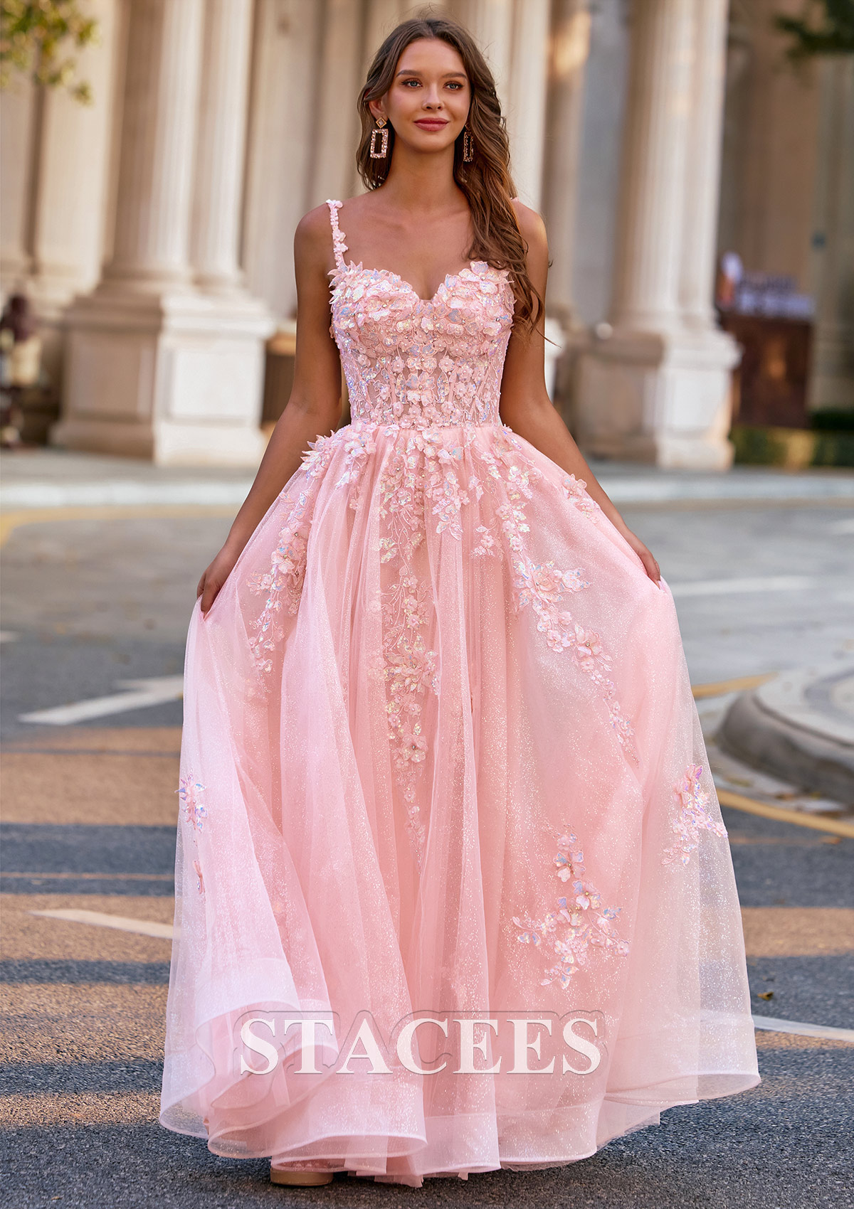 Rose Rougissant Trapèze cache coeur tulle longueur ras du sol robe de bal avec broderie fleurs - STACEES