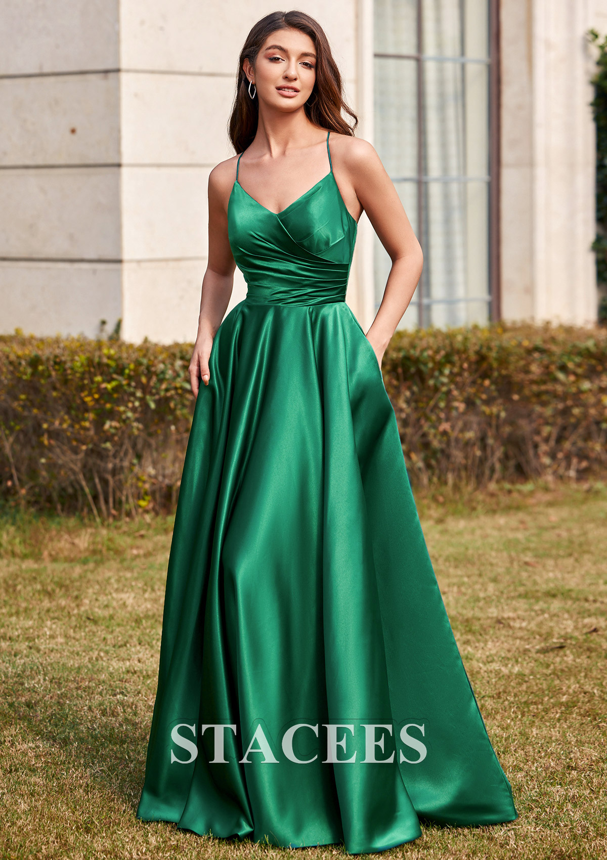 Vert Foncé Robe trapèze col en v satin ras du sol robe de bal - STACEES
