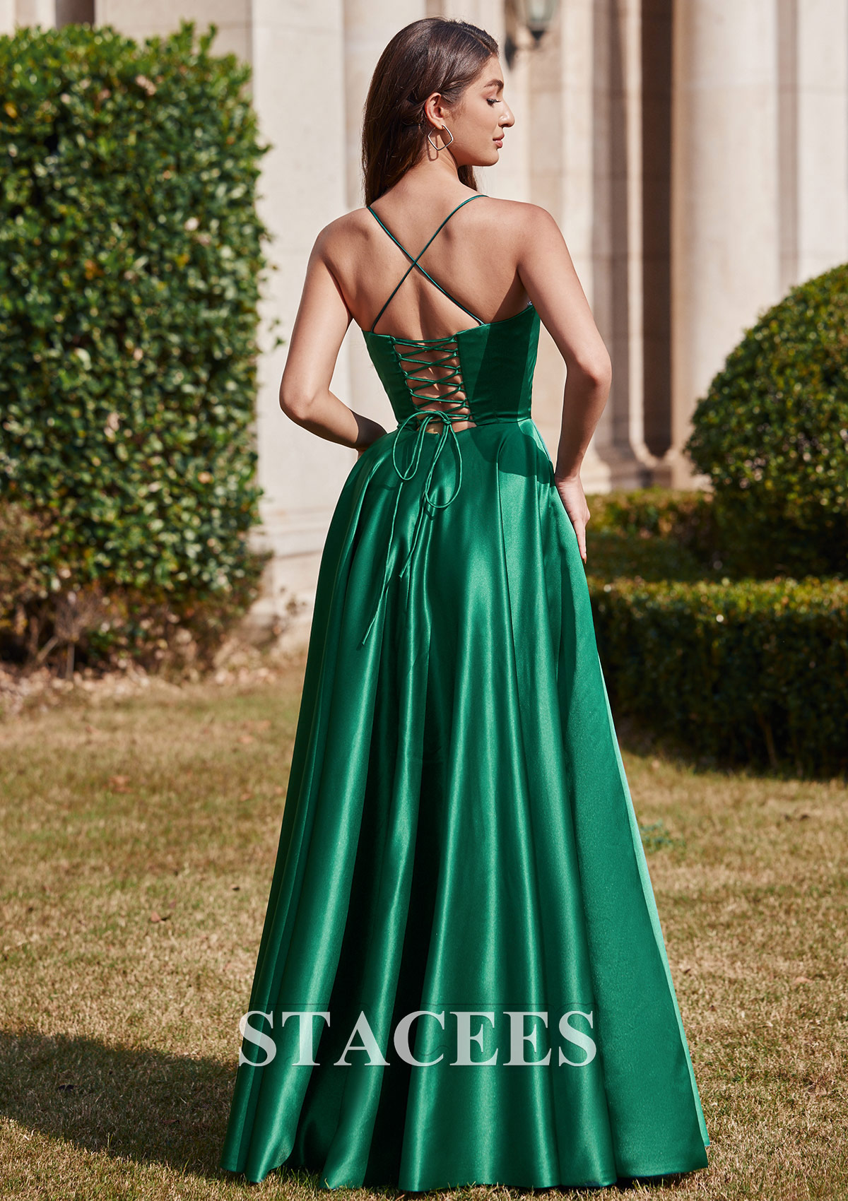 Vert Foncé Robe trapèze col en v satin ras du sol robe de bal - STACEES