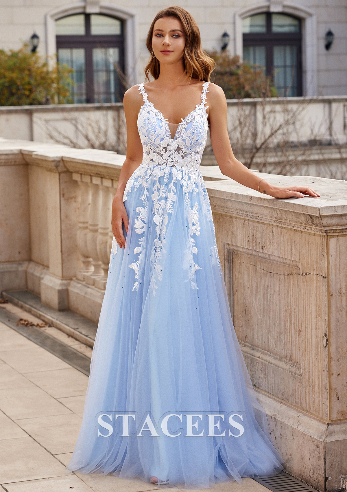 Sky Blue A-line V Neck Floor-Length Tulle Prom Dress with Beading Lace - STACEES