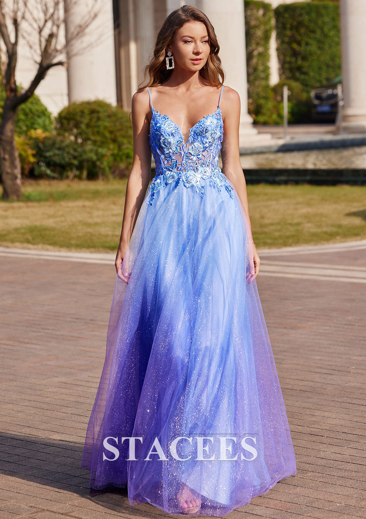 Blue A-line V Neck Sleeveless Floor-Length Tulle Prom Dress with Appliqued Beading Glitter - STACEES