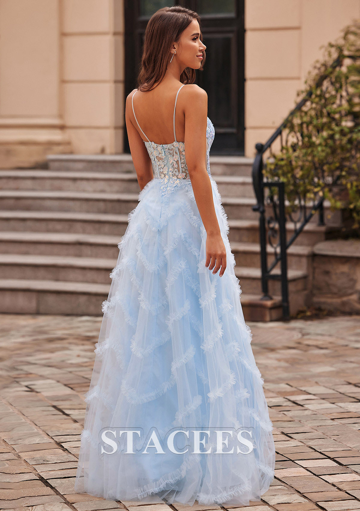 Sky Blue A-line V Neck Sequins Sheer Corset Bodice Ruffled Tulle Floor-Length Prom Dress - STACEES