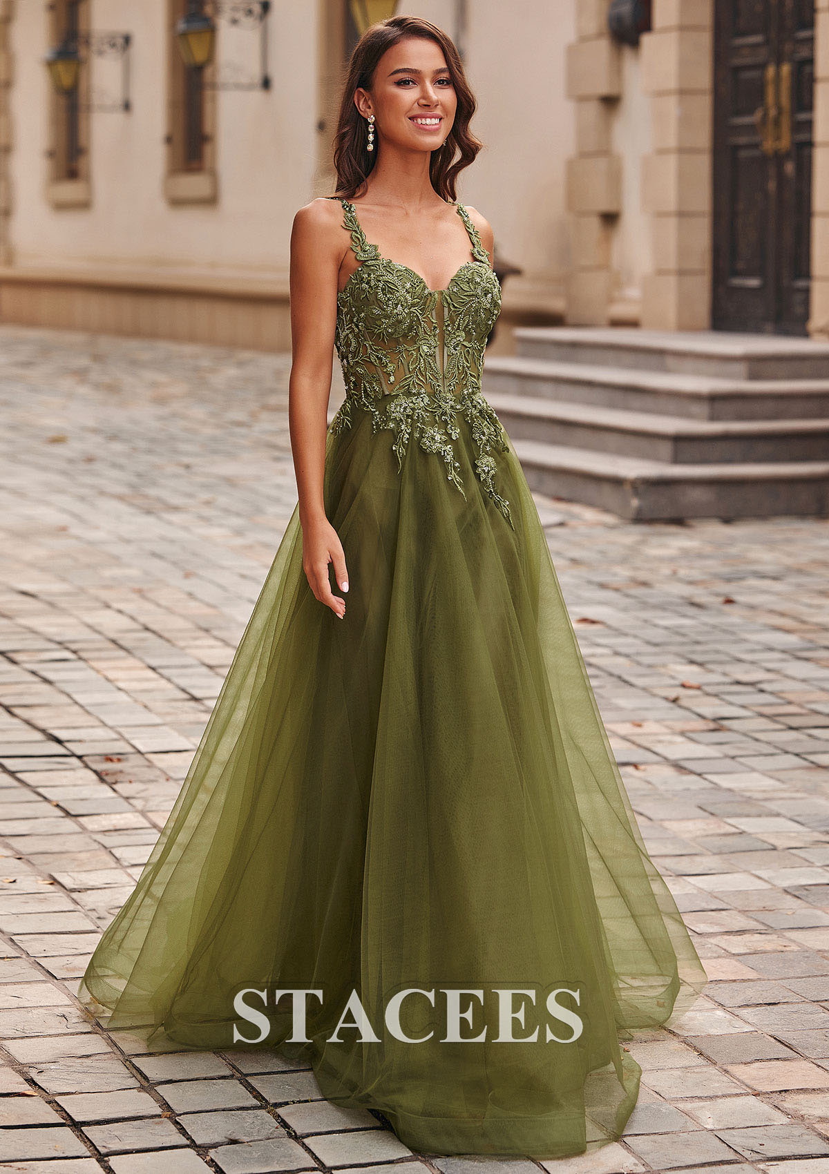 Celadon A-line V Neck Tulle Floor-Length Prom Dress with Appliqued Beading Sequins - STACEES
