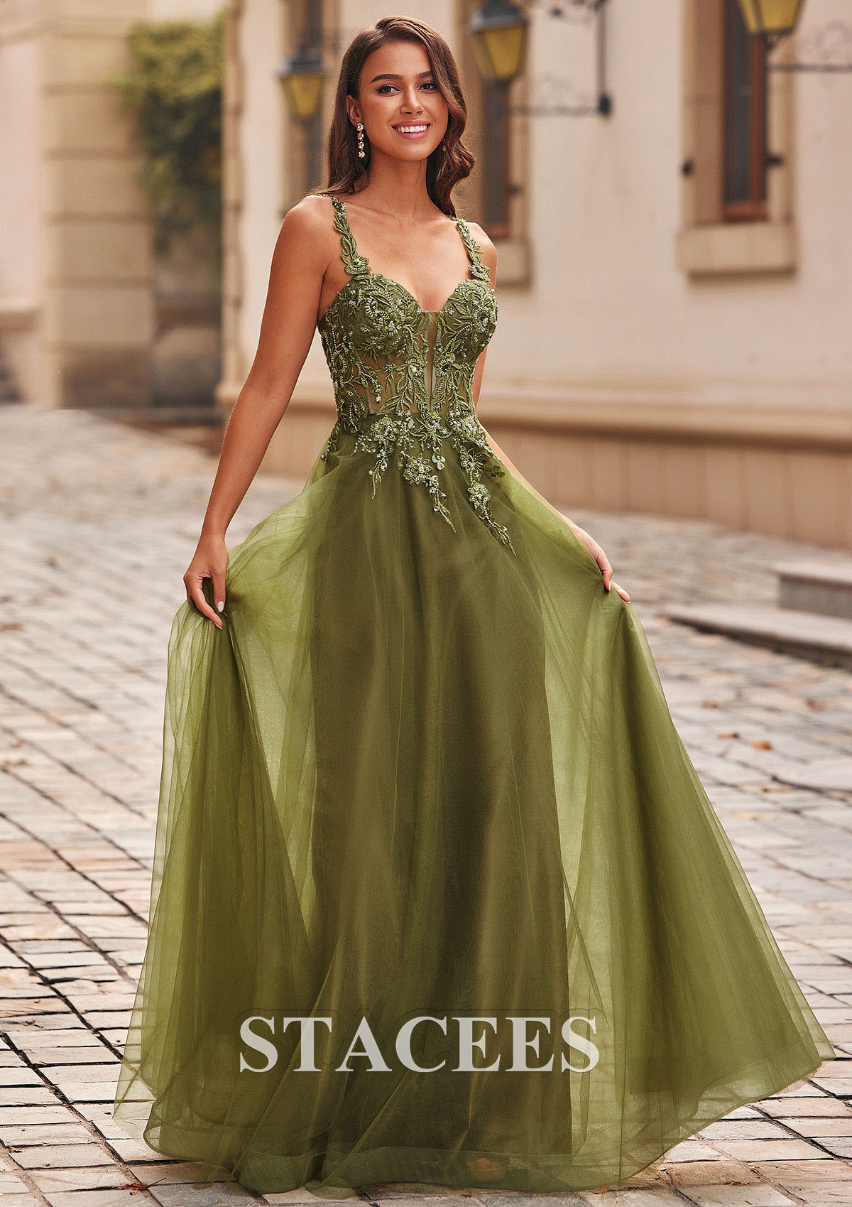 Celadon A-line V Neck Tulle Floor-Length Prom Dress with Appliqued Beading Sequins - STACEES