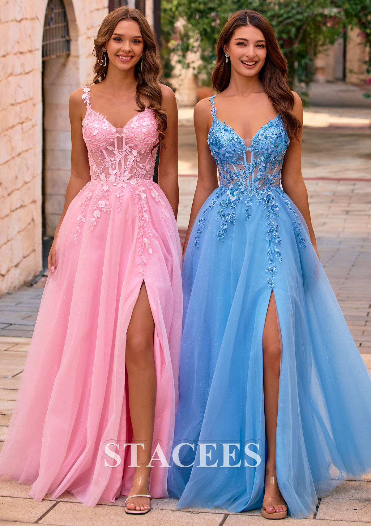 Trapèze col en v tulle longueur ras du sol robe de bal avec appliqué perles - STACEES