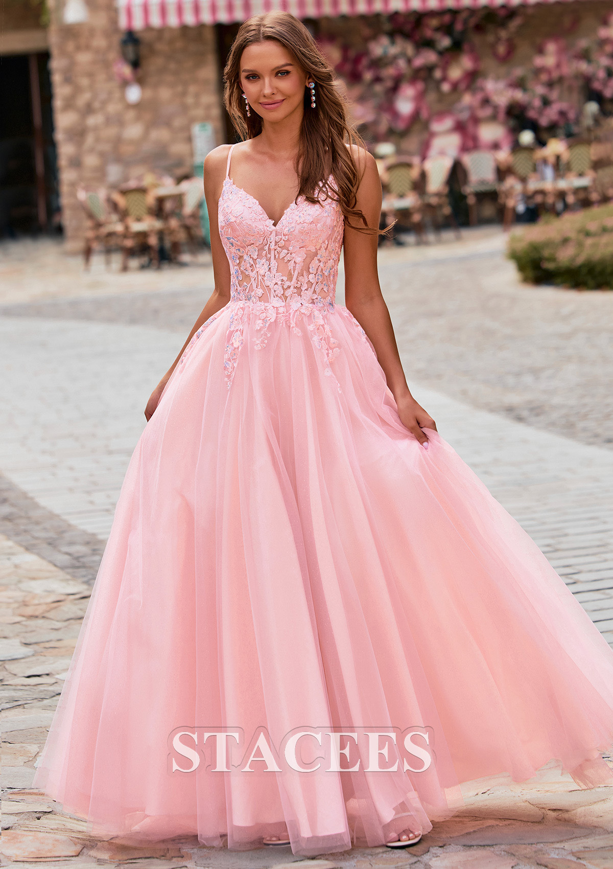 Blushing Pink A-line V Neck Floral Lace Applique Corset Tulle Sweep Train Prom Dress - STACEES