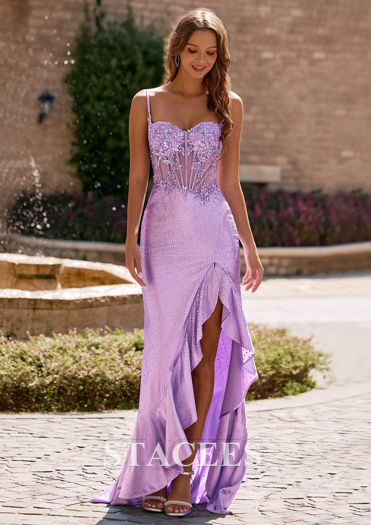Lilac Fitted Embellished Sweetheart Corset Hot Fix Ruffle Prom Dress with Slit - STACEES