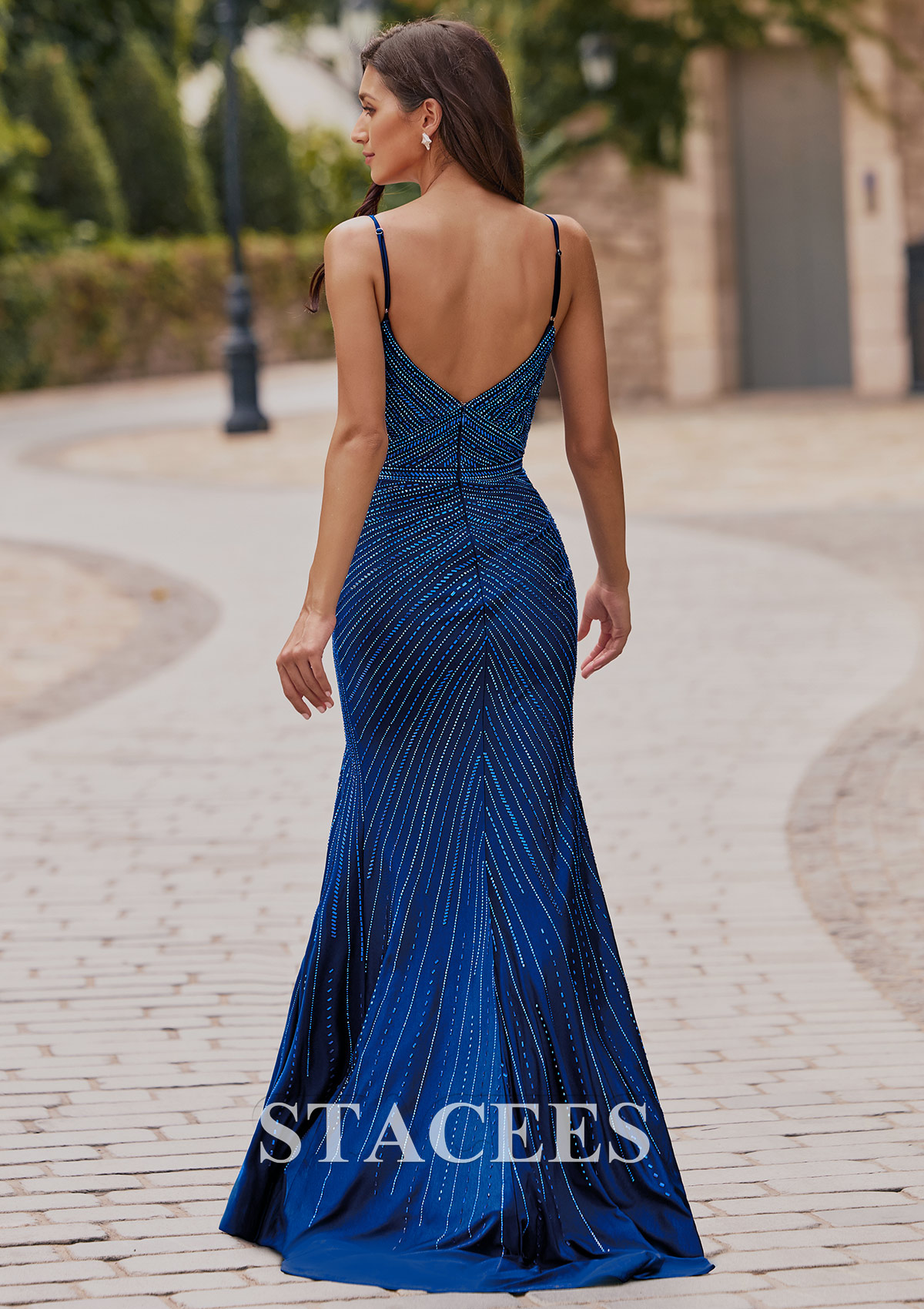 Dark Navy Fitted Hot Fix Jersey Side Cutout Prom Dress with Slit and Spaghetti Straps - STACEES