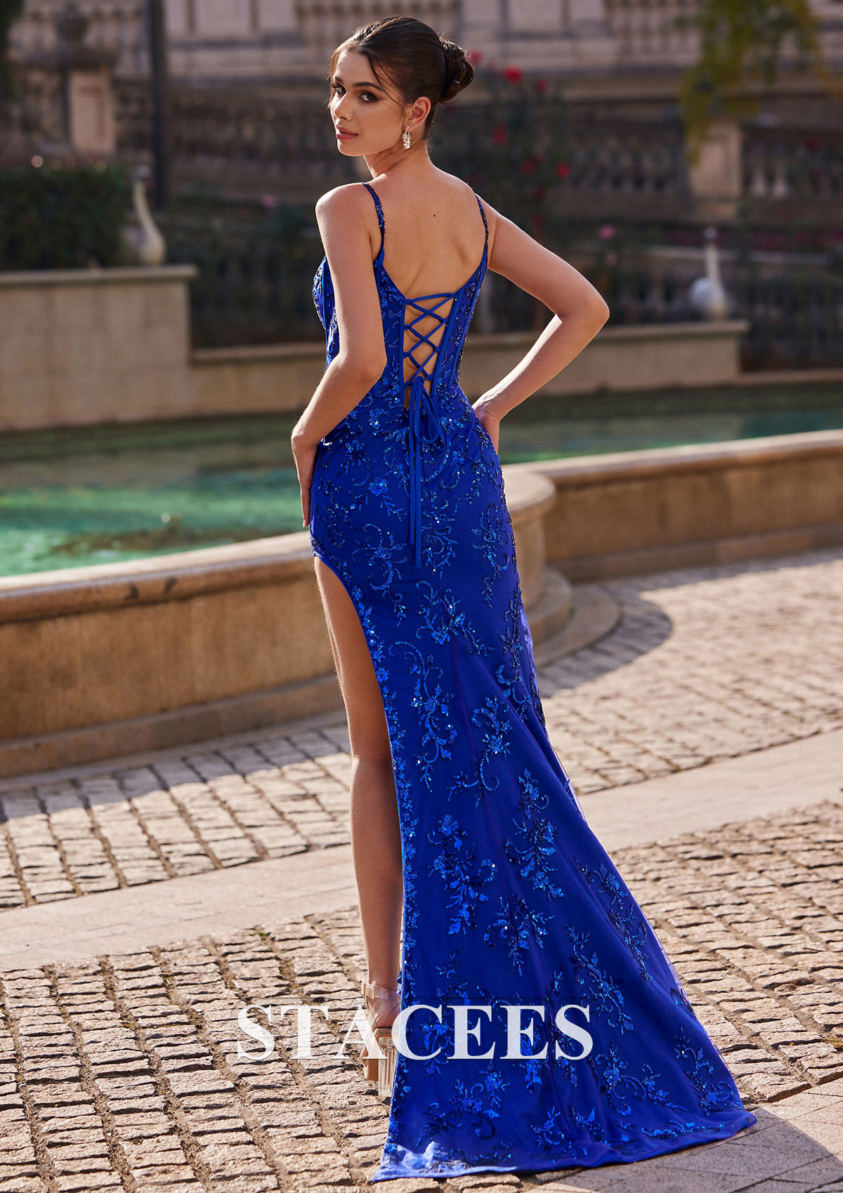 Azul Real Tubo escote en v encaje barrer tren vestido de graduación - STACEES
