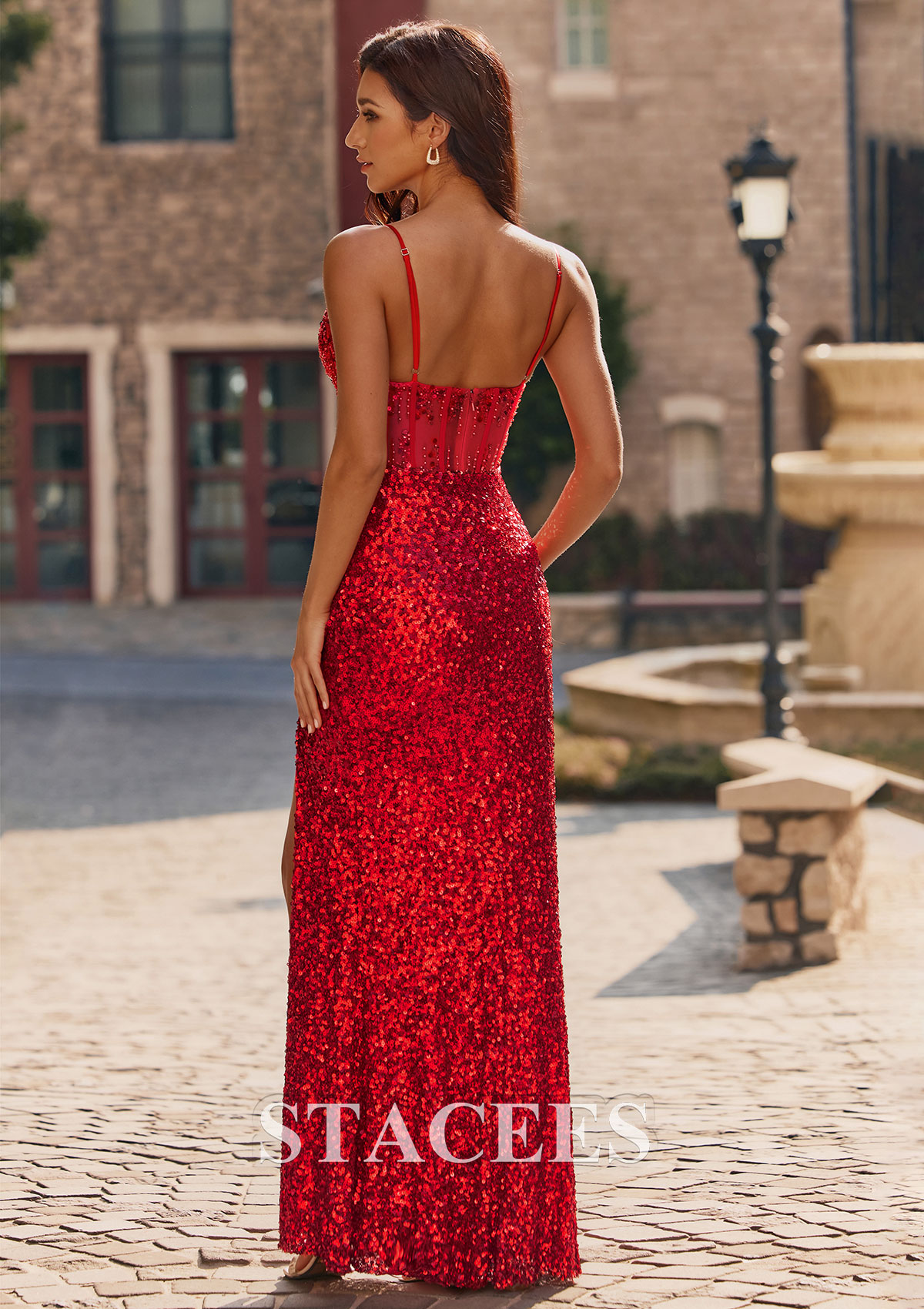 Rouge Fourreau col en v paillettes longueur ras du sol robe de bal avec perles plissé fendue - STACEES