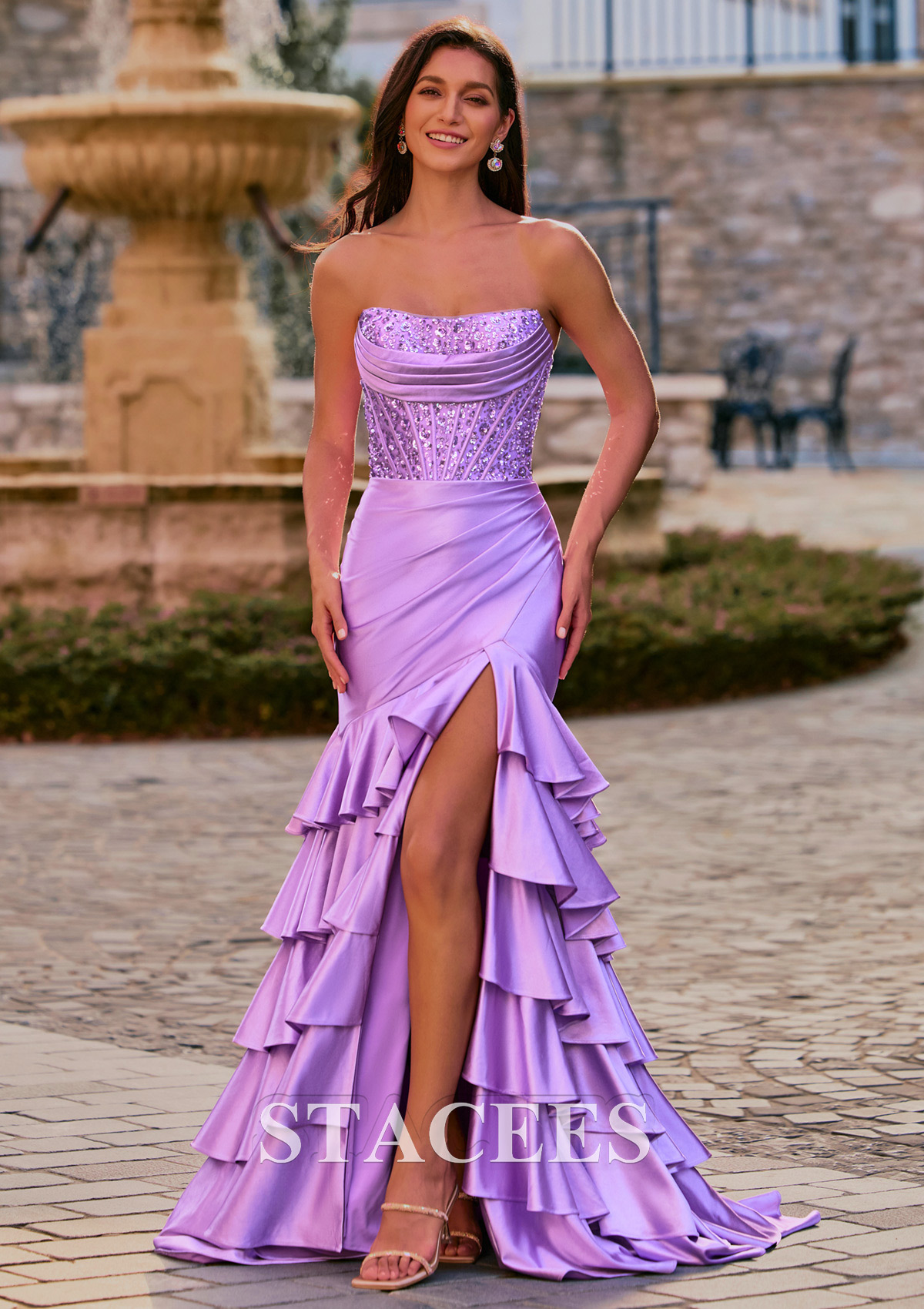 Lilas Trumpette/Sirène bateau soie comme du satin traîne balayage robe de bal avec volants paillettes fendue - STACEES