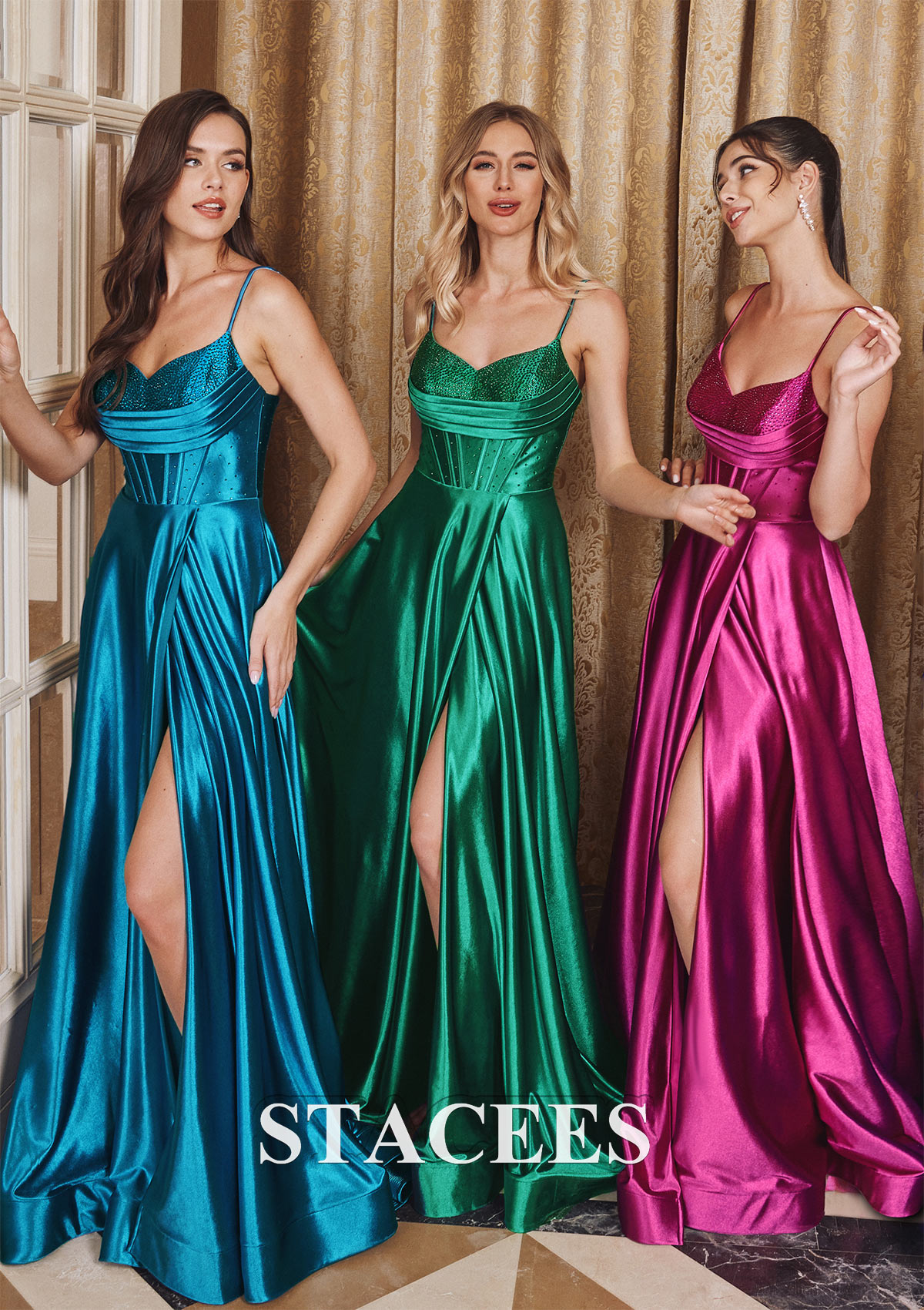 Dark Green Vestido línea a escote drapeado seda como el satén barrer tren vestido de graduación - STACEES