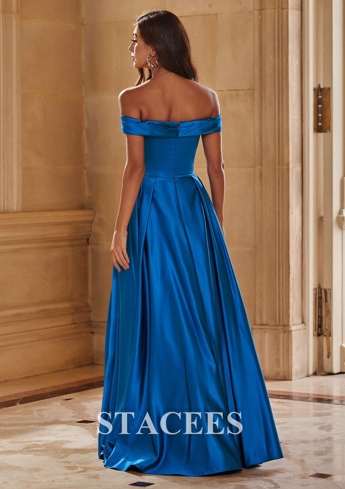 Ocean Blue A-line Off-the-Shoulder Satin Floor-Length Prom Dress with Pleated Pockets - STACEES