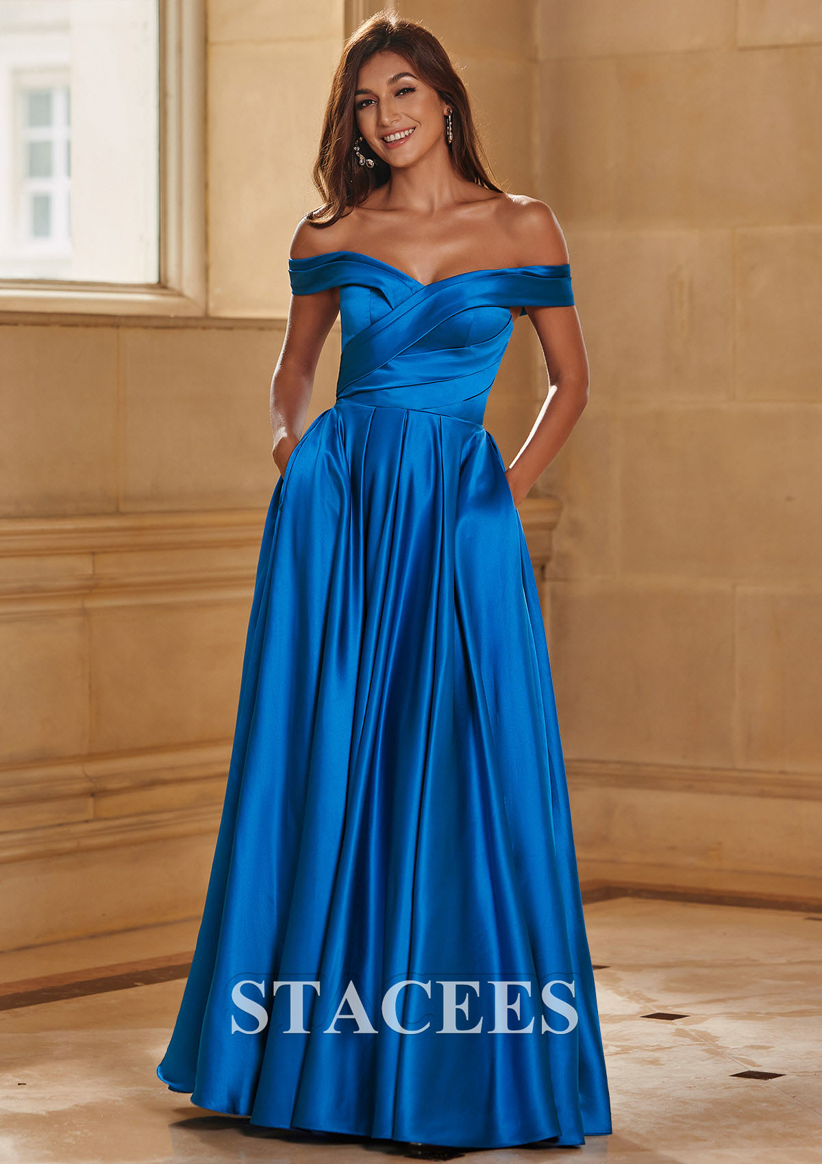 Ocean Blue A-line Off-the-Shoulder Satin Floor-Length Prom Dress with Pleated Pockets - STACEES